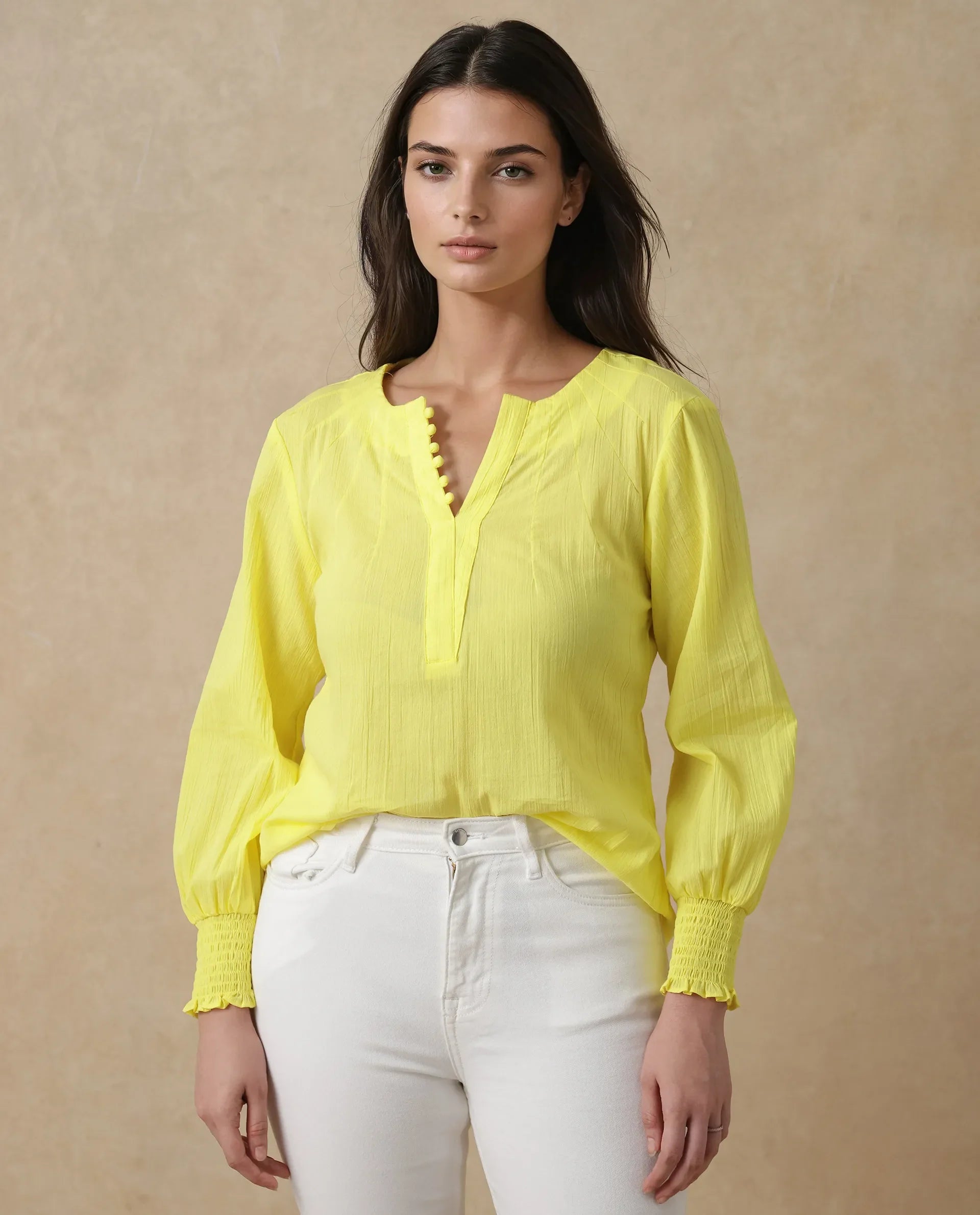 Rareism Women's Mante Yellow Cotton Crew Neck Plain Bishop Sleeve Regular Fit Top