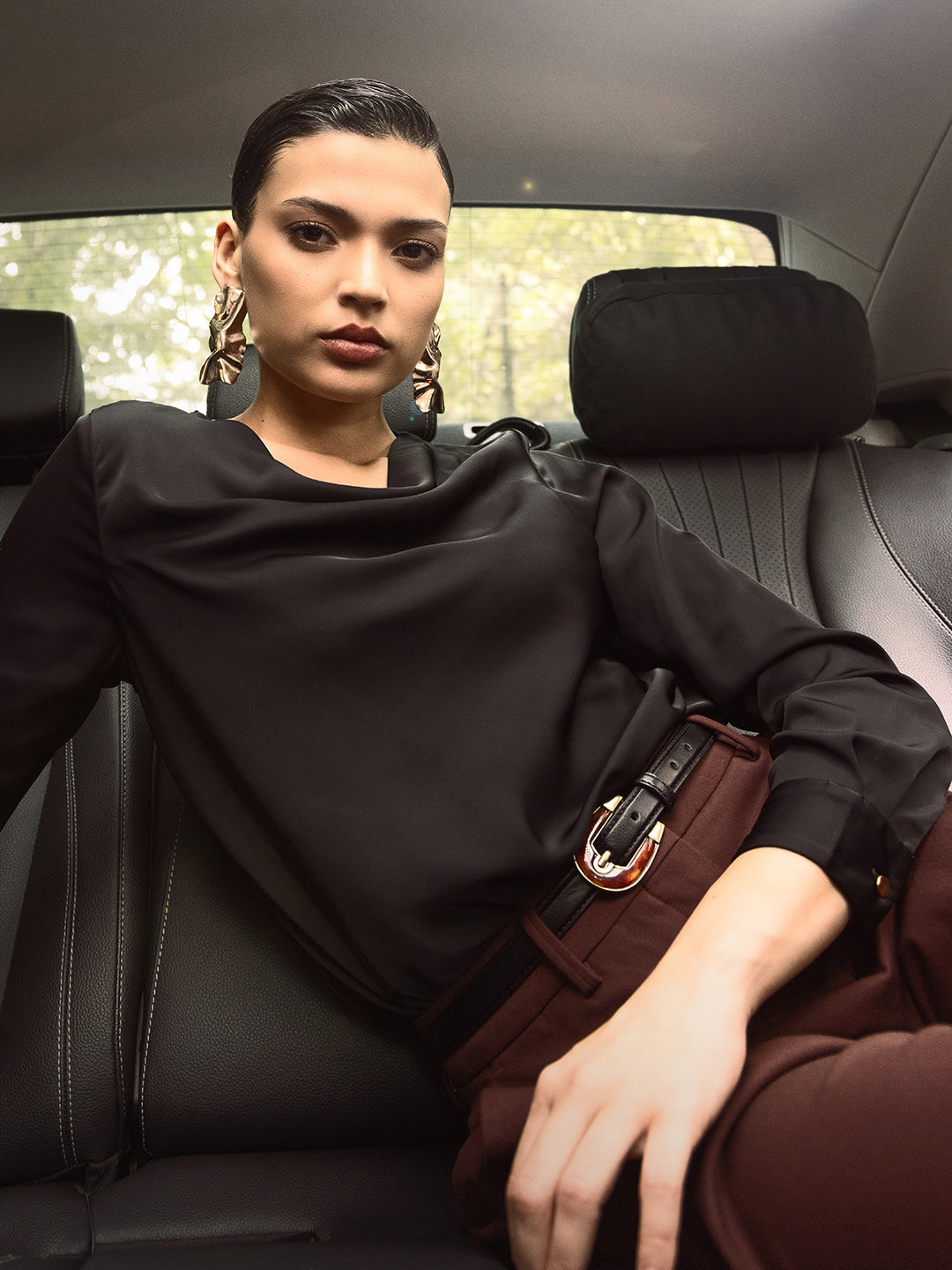 Rareism Women's Avier Black Polyester Cowl Neck Regular Fit Plain Top