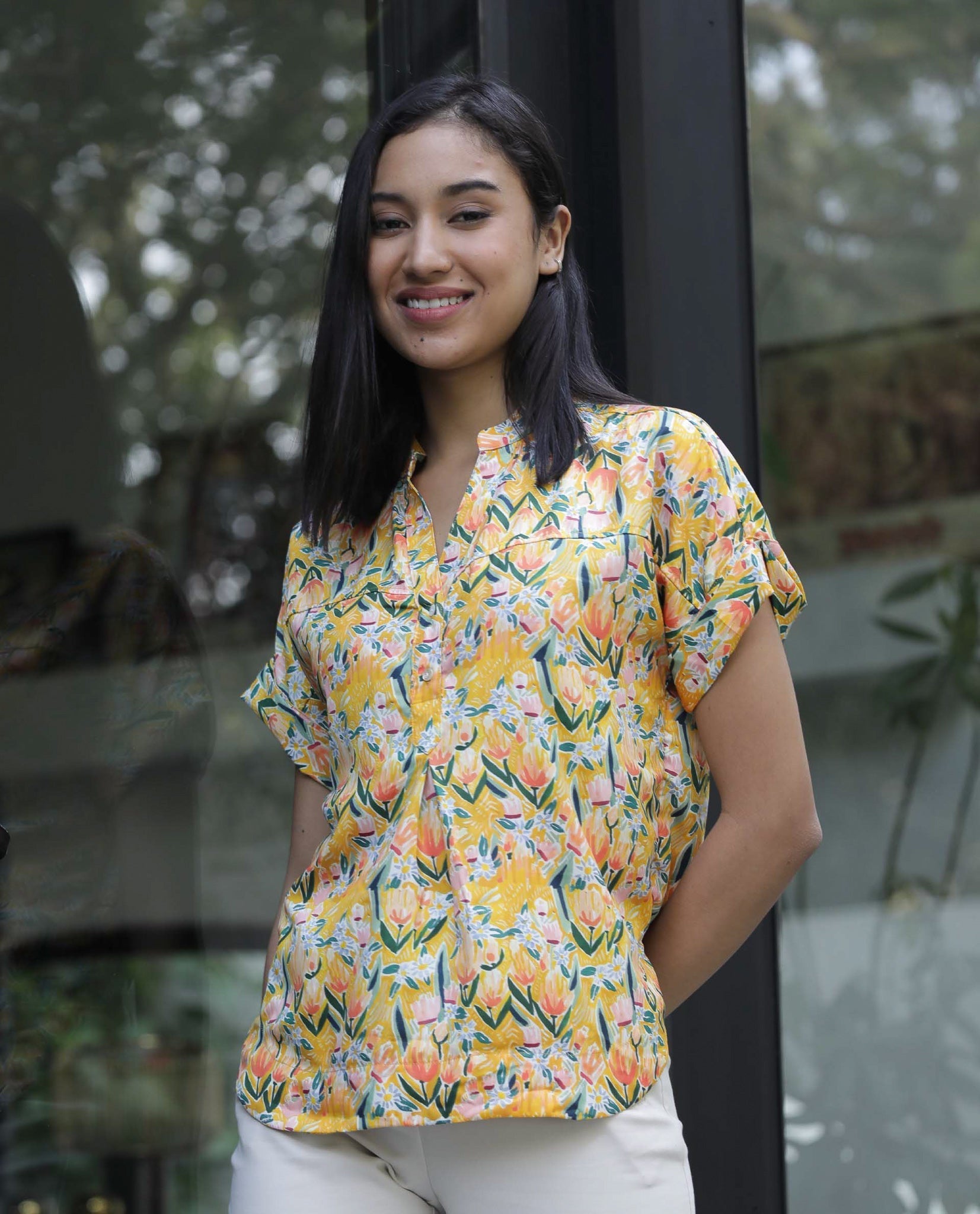 Rareism Women Greenage Yellow Top Short Sleeves Printed