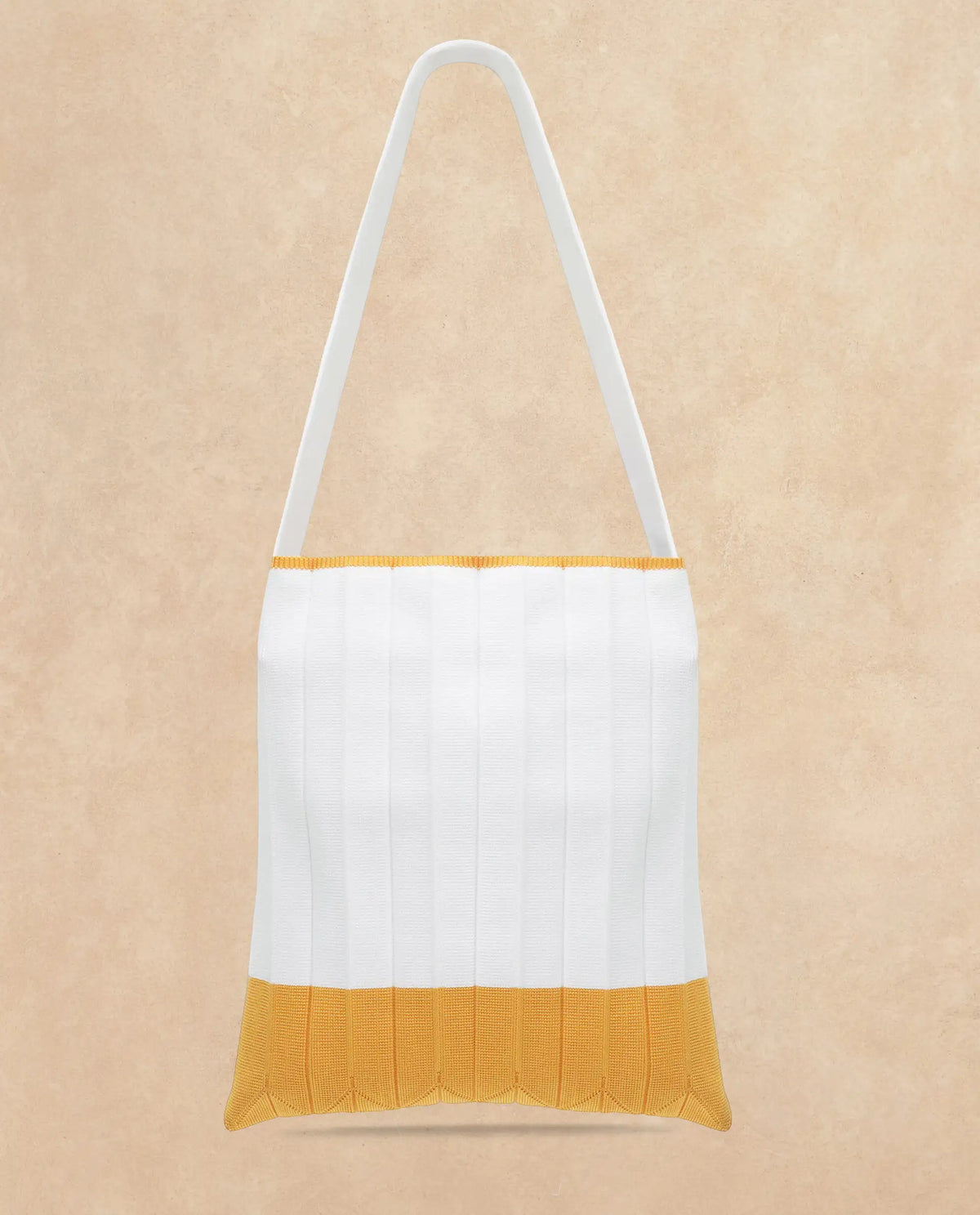 Rareism Articale Women Flounce Off White Polyester Fabric Colorblock Knitted Tote Bag