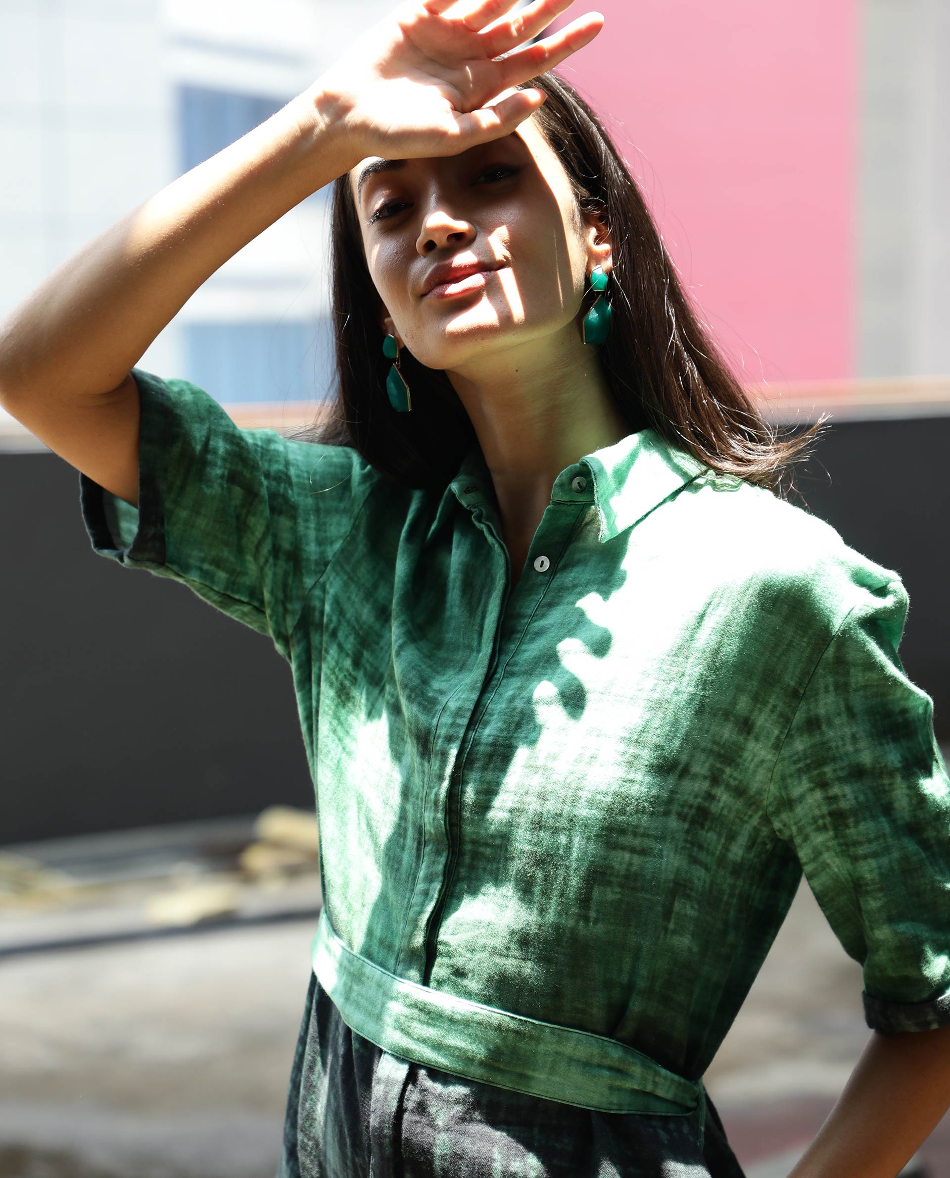 Rareism Womens Grizzle Green Top Cotton Fabric Regular Fit Half Sleeve Collared Neck