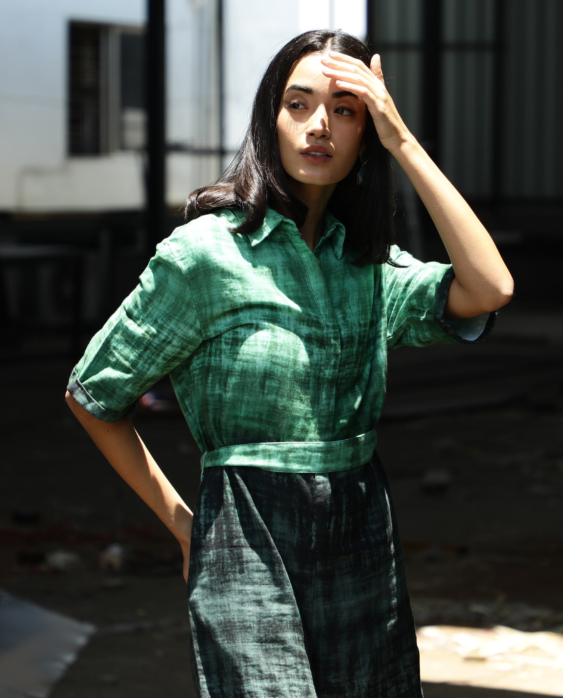 Rareism Womens Grizzle Green Top Cotton Fabric Regular Fit Half Sleeve Collared Neck
