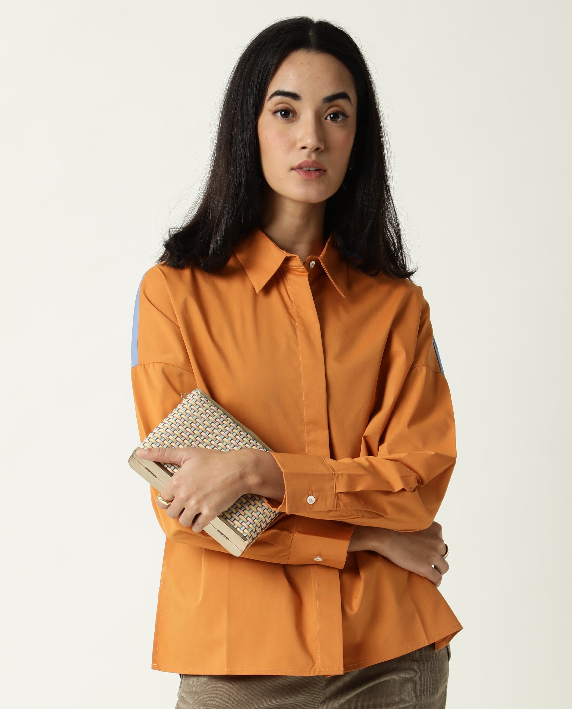 Rareism Women's Nellore Orange Spread Collar Plain Knee Length Regular Fit Top