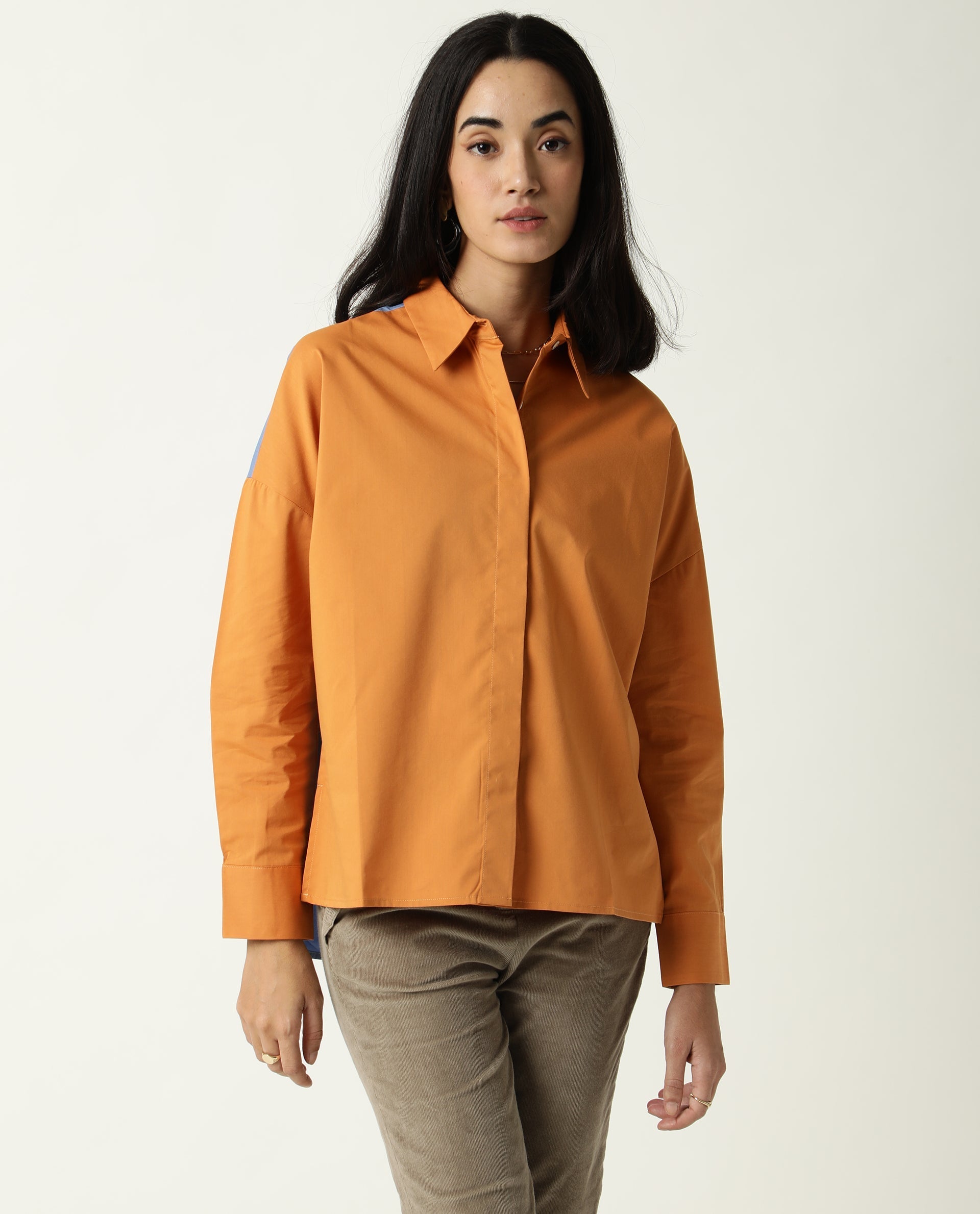 Rareism Womens Nellore Orange Top Cotton Lycra Fabric Regular Fit Full Sleeve Collared Neck