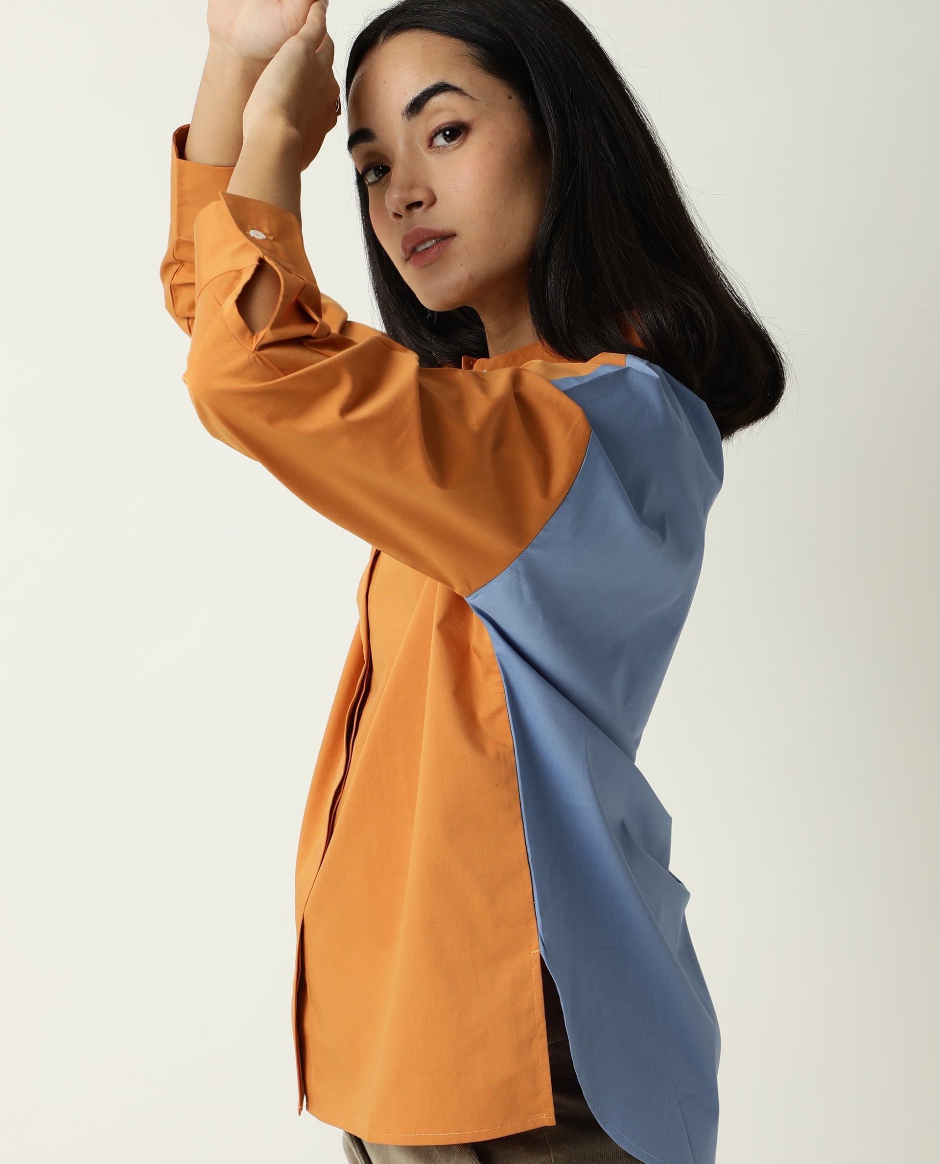 Rareism Women's Nellore Orange Spread Collar Plain Knee Length Regular Fit Top
