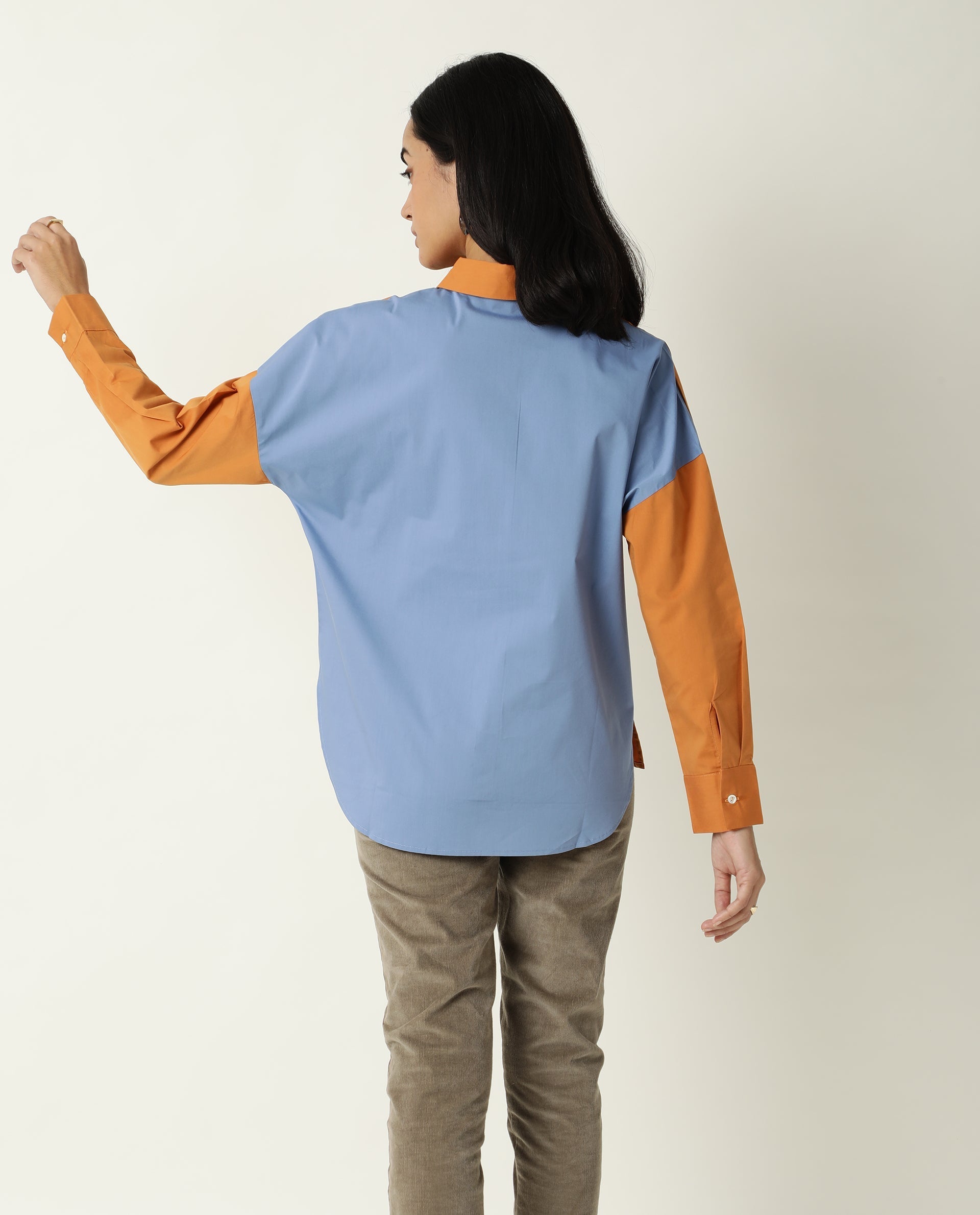 Rareism Women's Nellore Orange Spread Collar Plain Knee Length Regular Fit Top