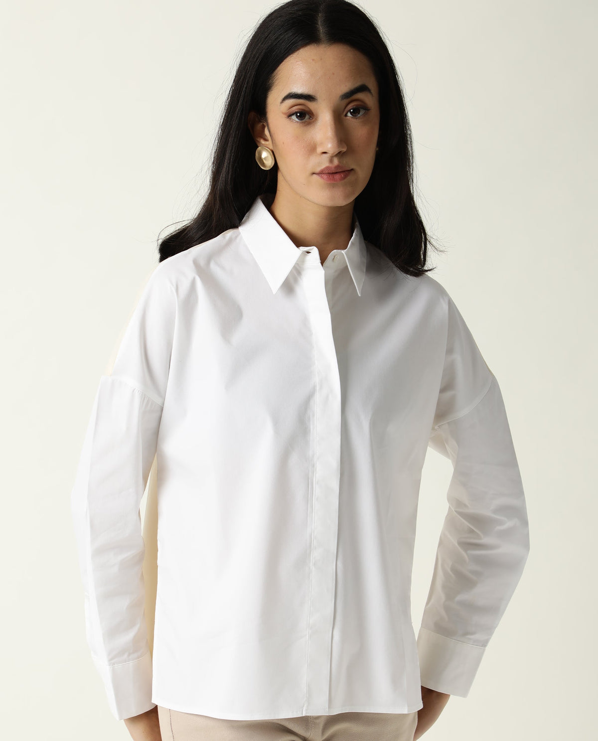 Rareism Women Nellore White Cotton Lycra Fabric Regular Fit Shirt Collar Full Sleeves Solid Top