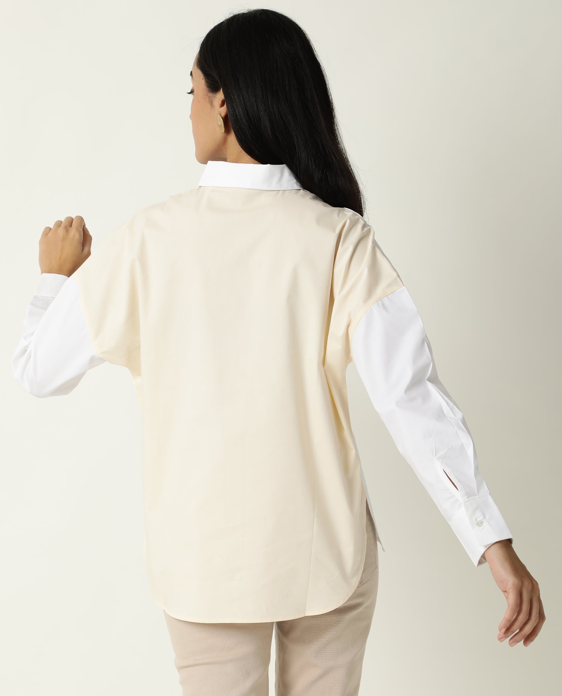 Rareism Women Nellore White Cotton Lycra Fabric Regular Fit Shirt Collar Full Sleeves Solid Top