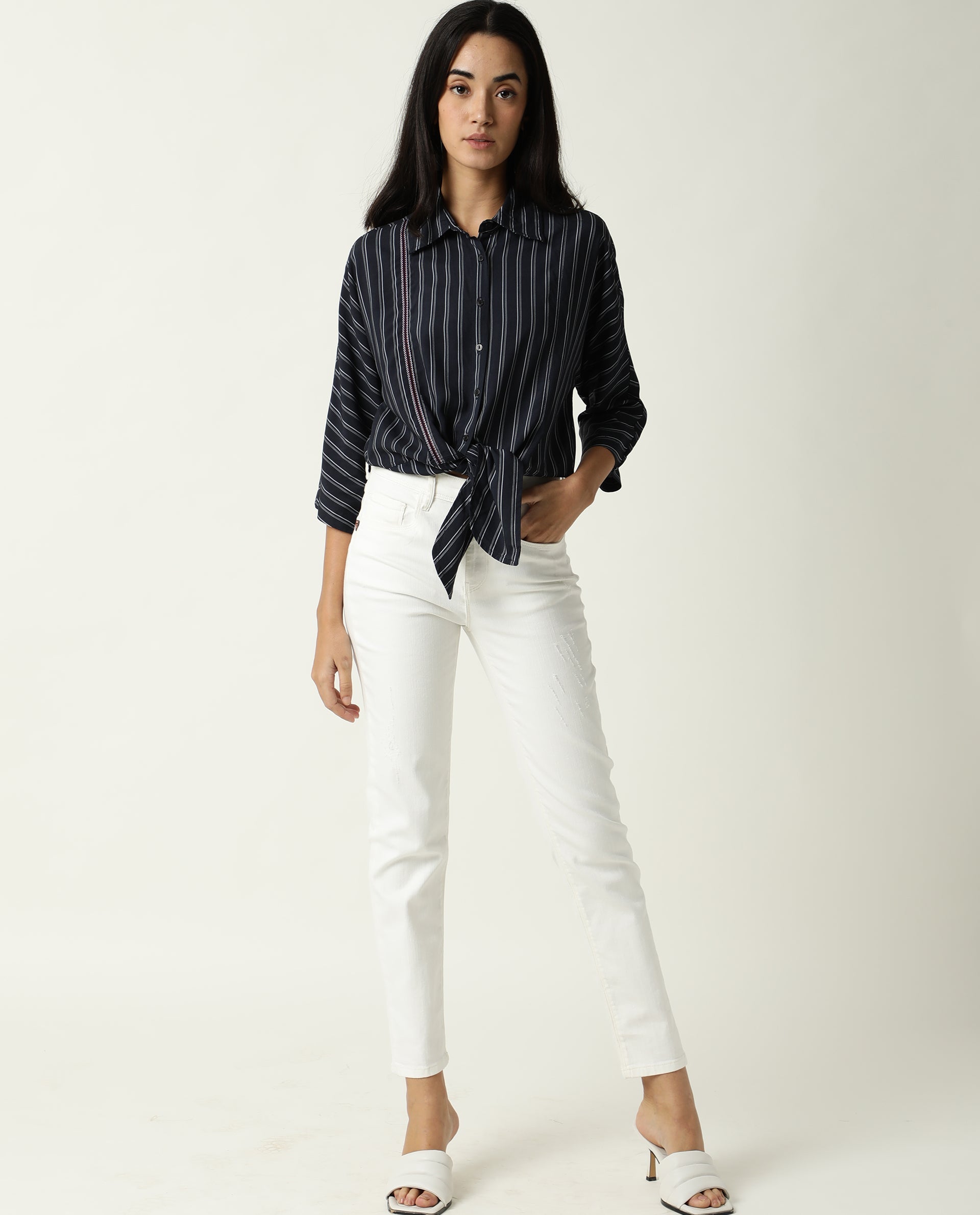 Rareism Women Cia Navy Viscose Fabric Regular Fit Shirt Collar 3/4Th Sleeves Striped Top