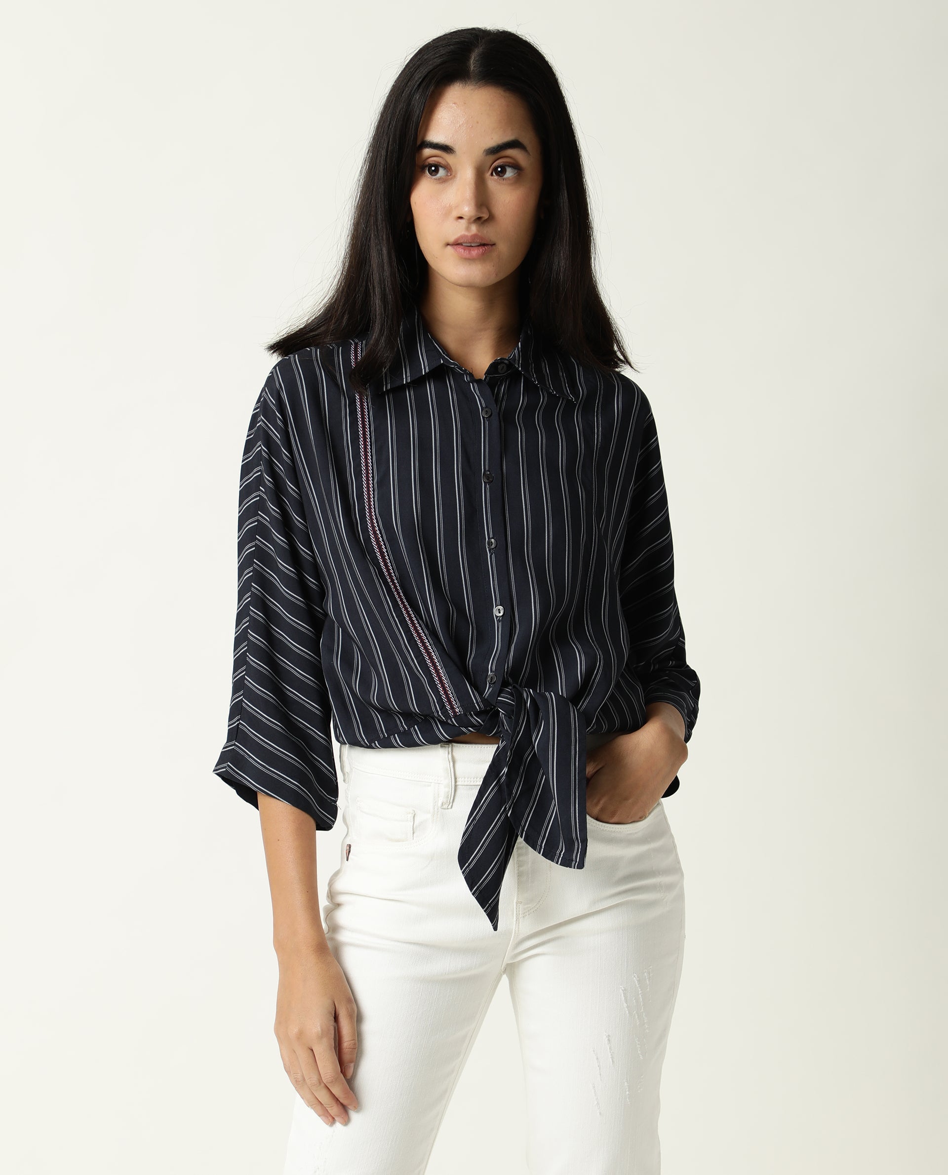 Rareism Women Cia Navy Viscose Fabric Regular Fit Shirt Collar 3/4Th Sleeves Striped Top