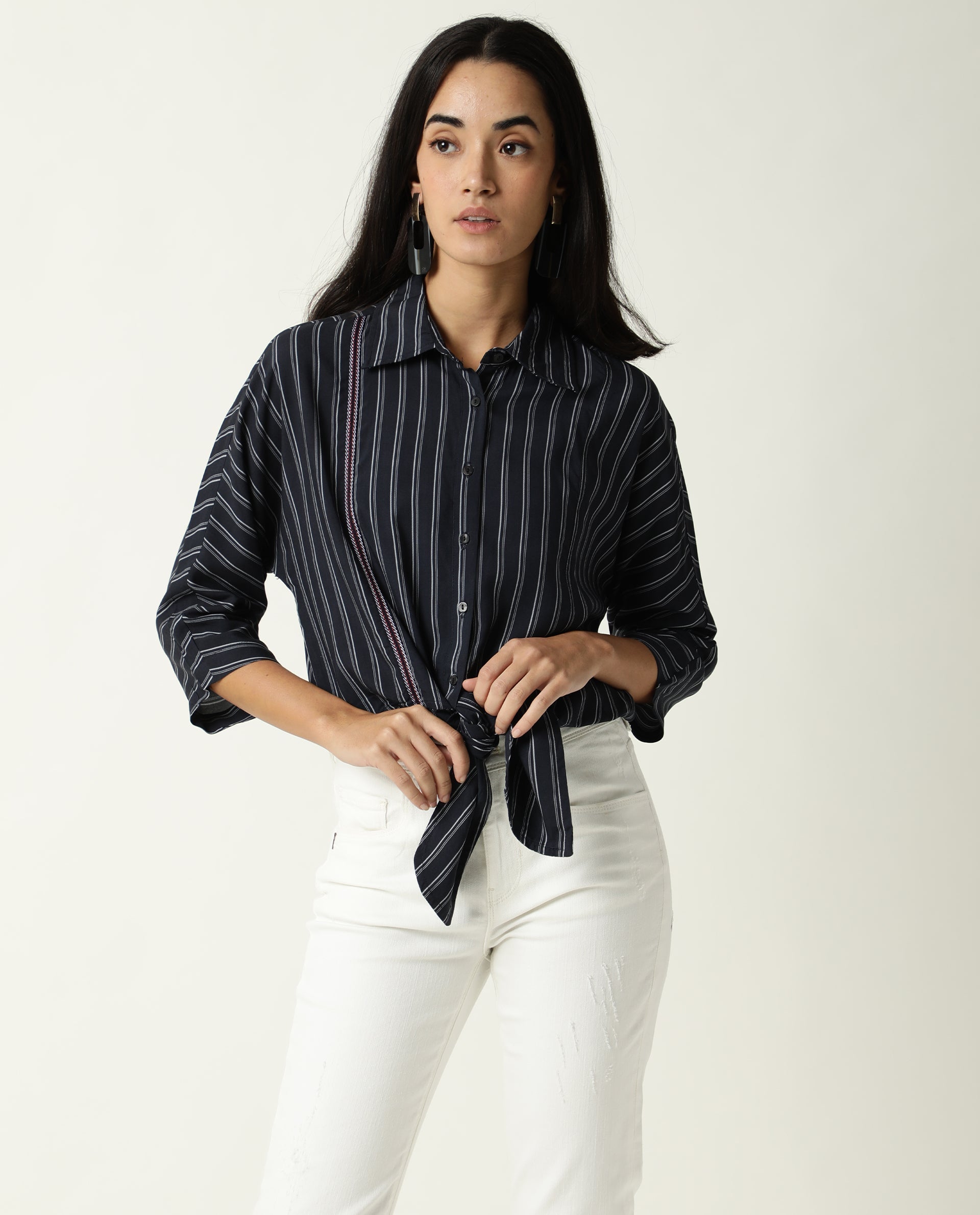 Rareism Women Cia Navy Viscose Fabric Regular Fit Shirt Collar 3/4Th Sleeves Striped Top