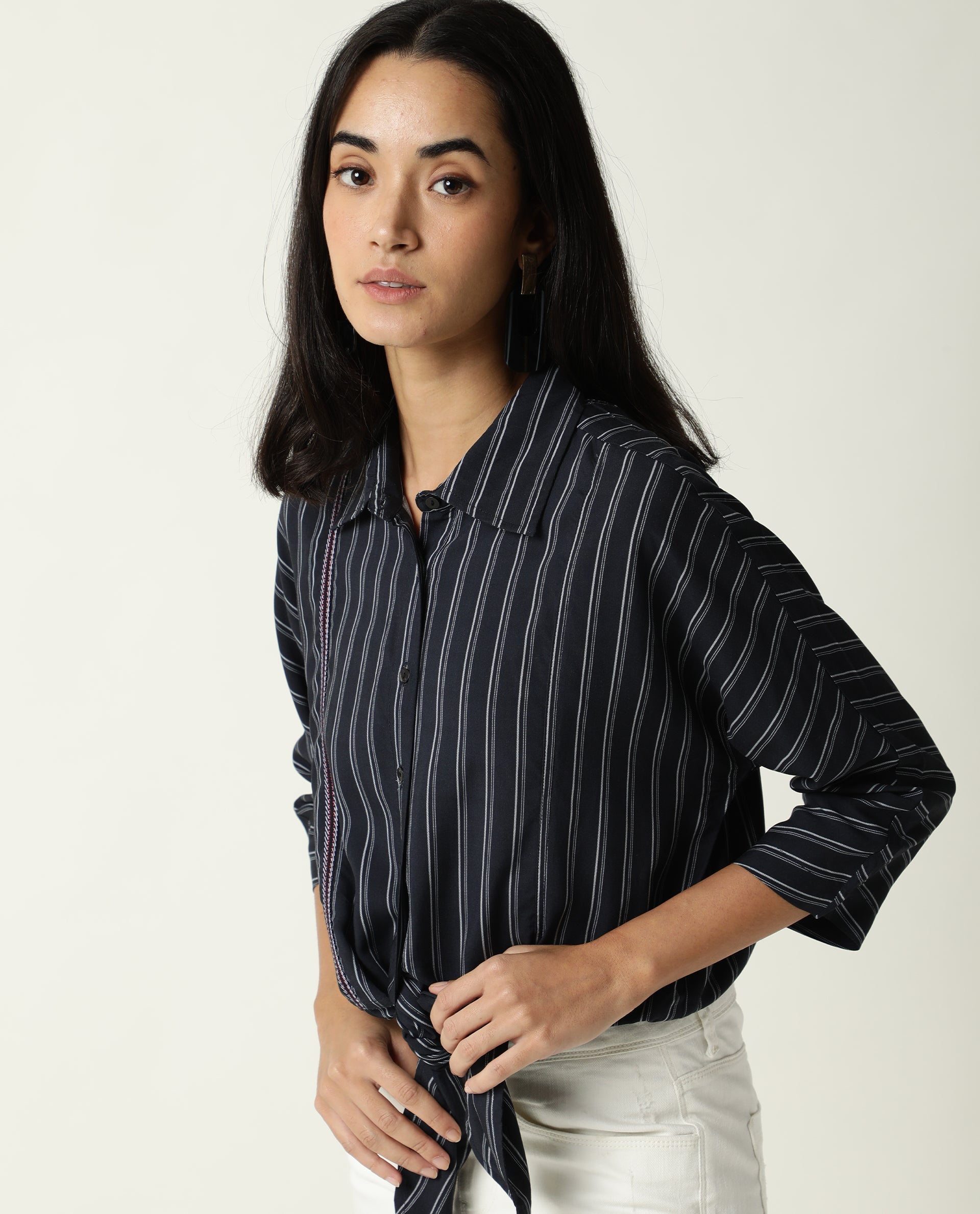 Rareism Women Cia Navy Viscose Fabric Regular Fit Shirt Collar 3/4Th Sleeves Striped Top
