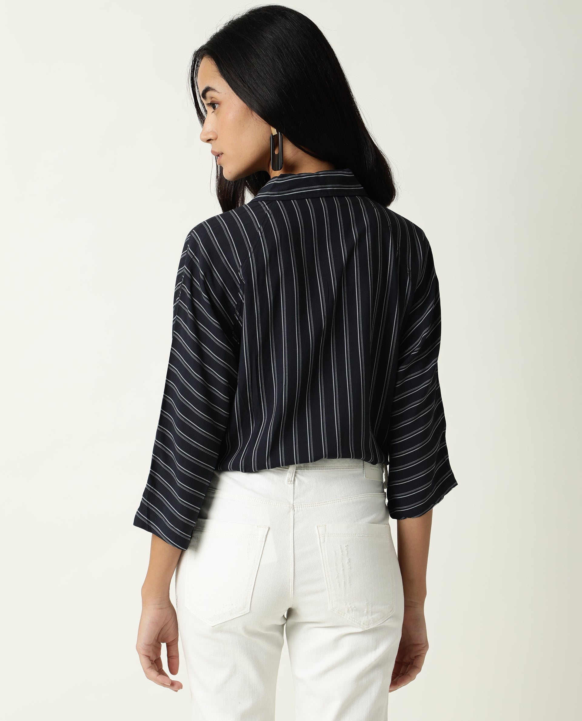 Rareism Women Cia Navy Viscose Fabric Regular Fit Shirt Collar 3/4Th Sleeves Striped Top