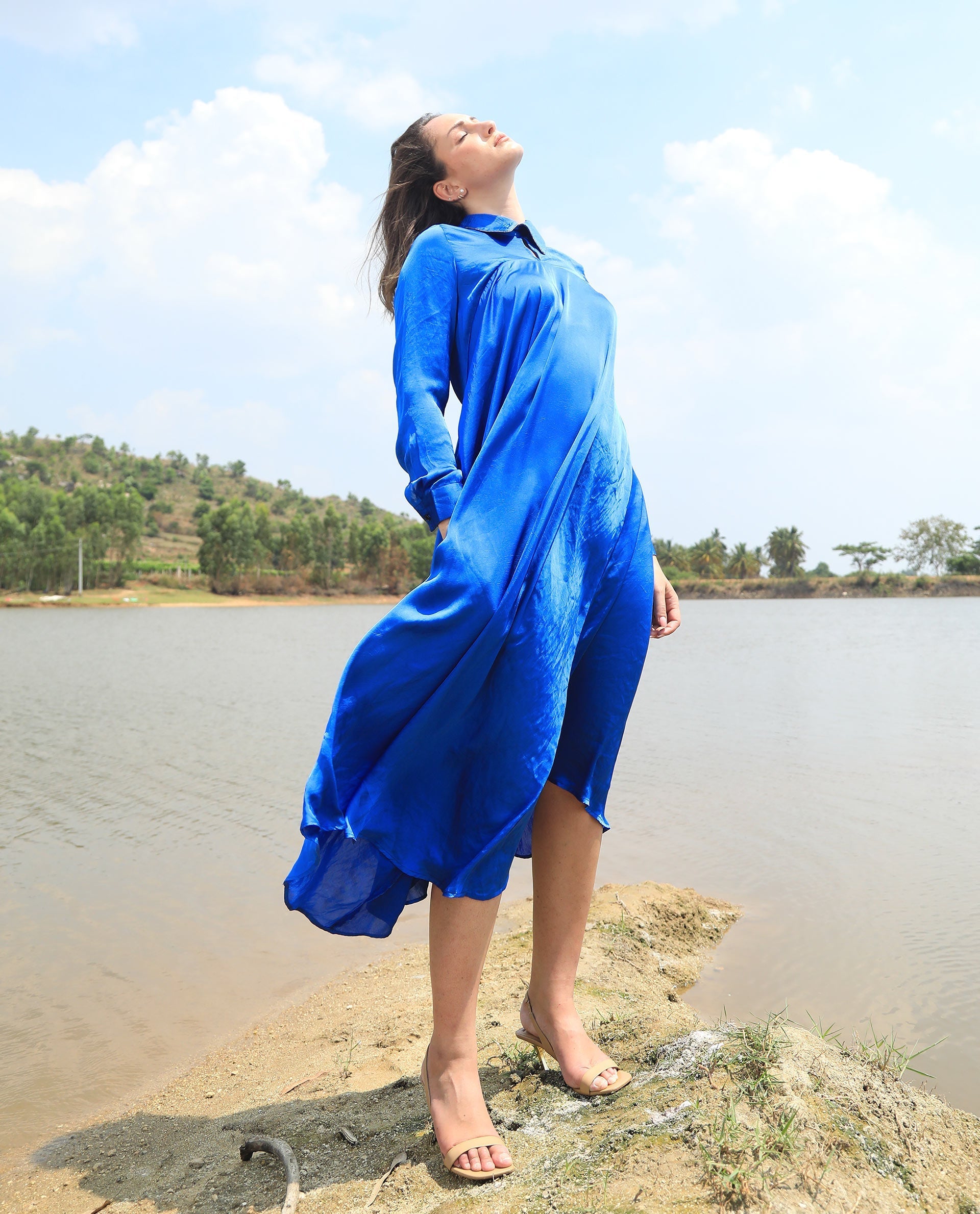 Rareism Women's Galaxyy Blue Modal Spread Collar Plain Maxi Regular Fit Dress