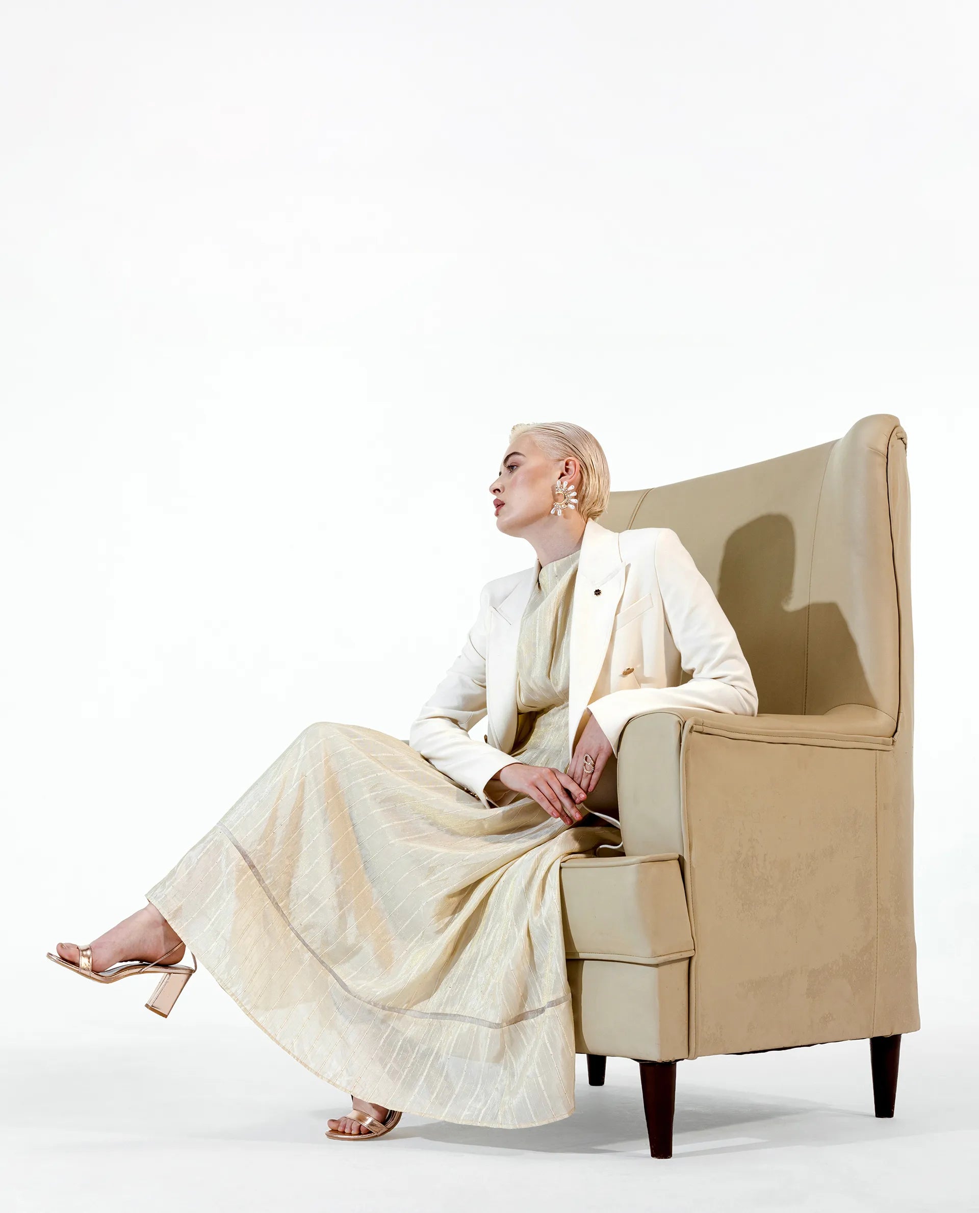 Rareism Women's Garoz Off White Polyester Blend Full Sleeve Lapel Collar Plain Blazer