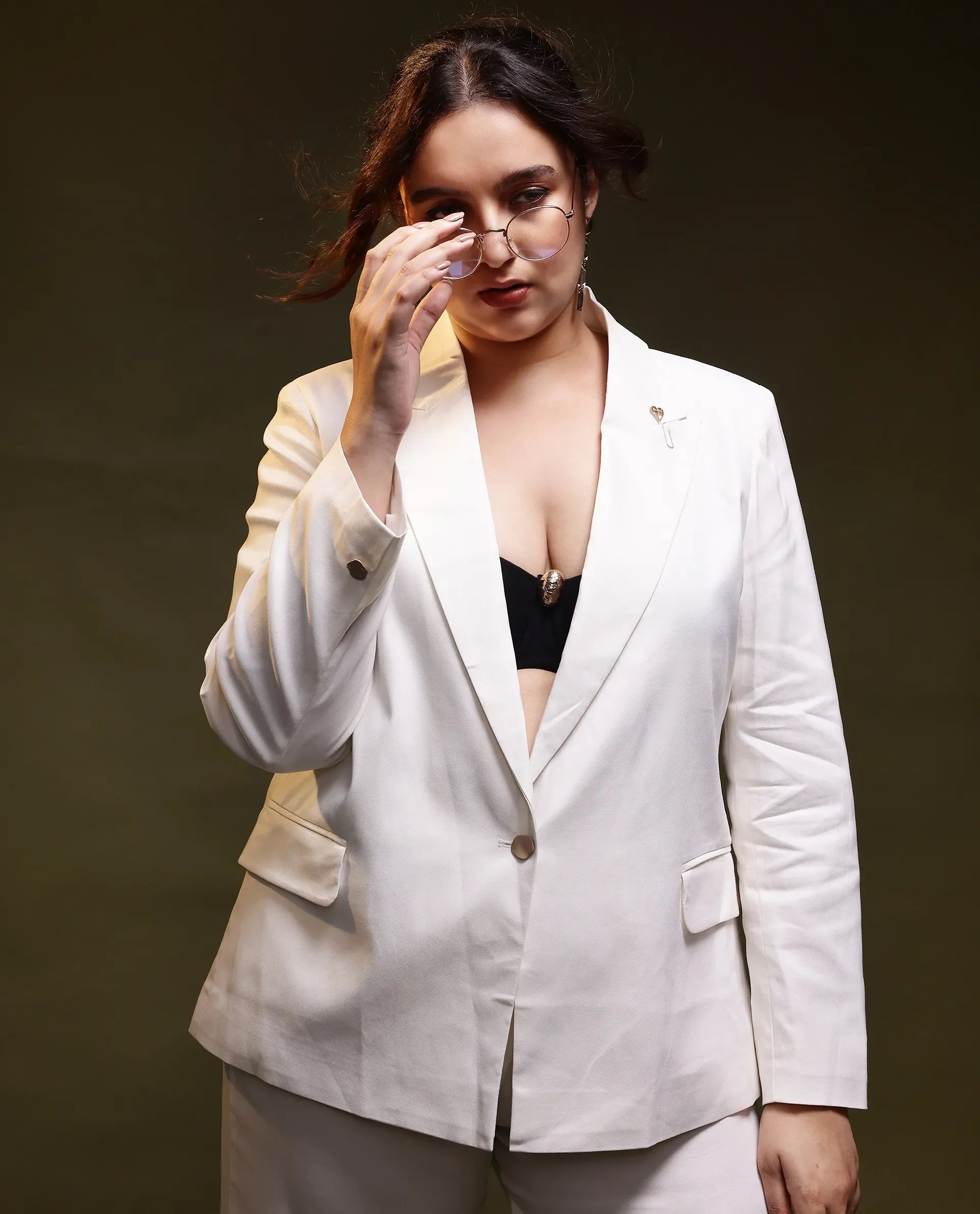 Rareism Women Ziva Off White Full Sleeves Tailored Fit Solid Polyester Fabric Blazer