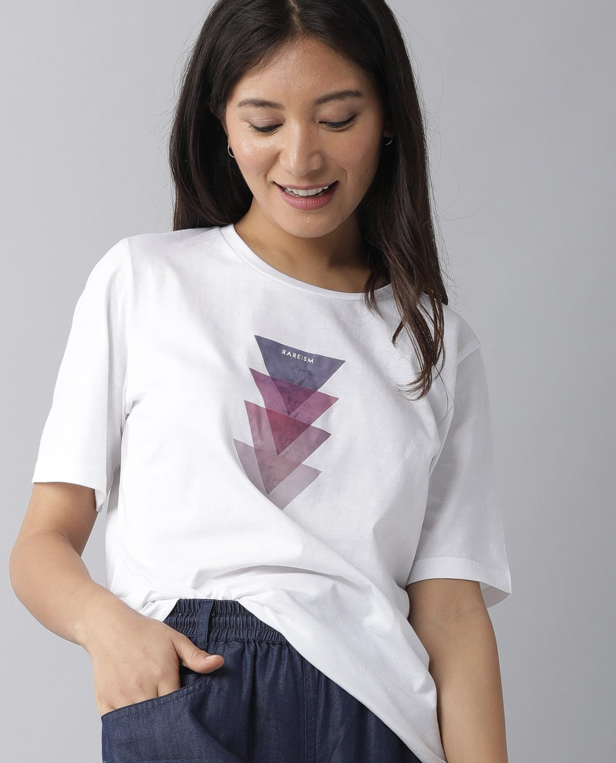 Rareism Womens Basic Tee 3 White T-Shirt Cotton Fabric Fitted Fit Short Sleeve Round Neck