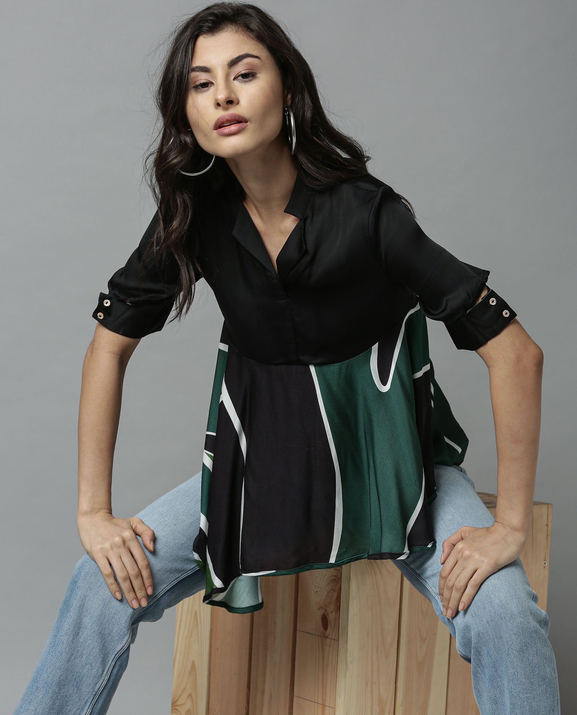 Rareism Womens Havana Green Top Modal Fabric Regular Fit Half Sleeve V Neck