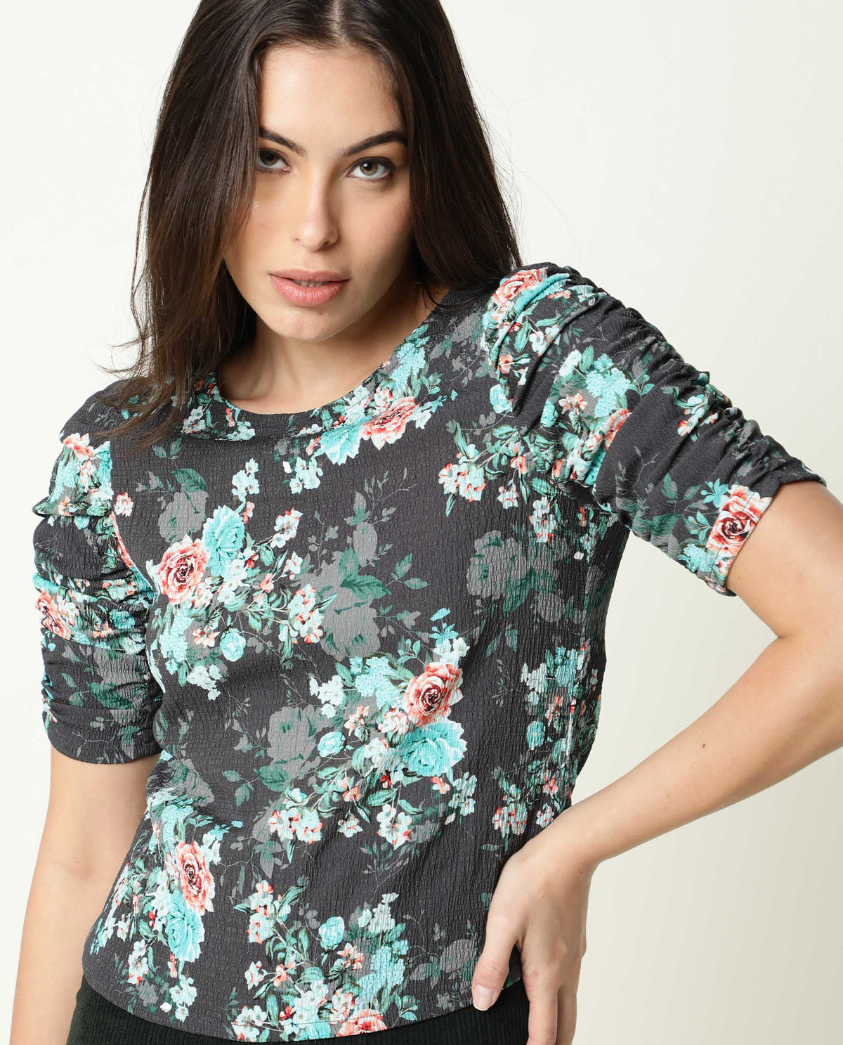 Rareism Womens Flake Grey Top Polycotton Fabric 3/4 Sleeve Round Neck