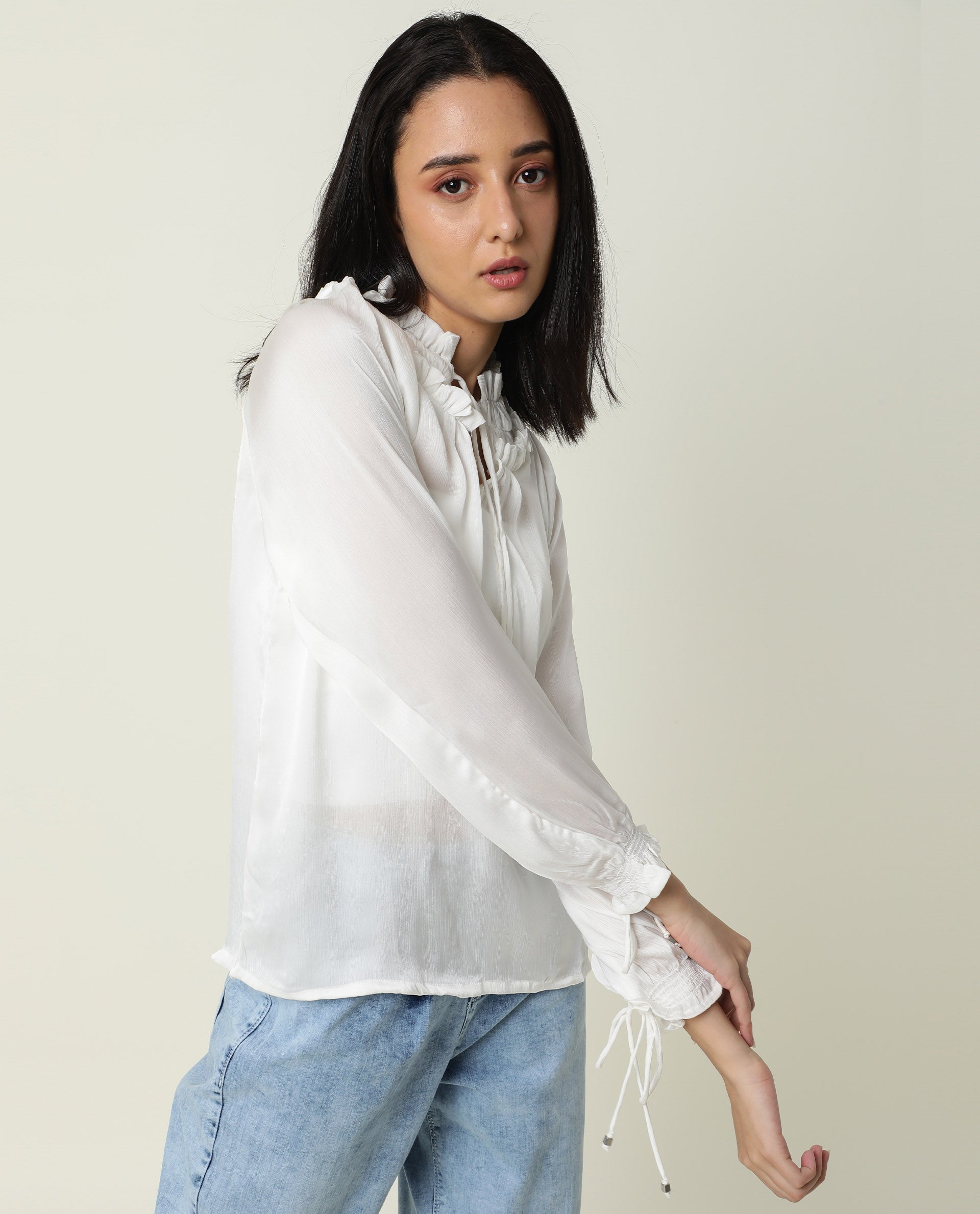Rareism Women's Tremoe White Tie-Up Neck Plain Knee Length Regular Fit Top