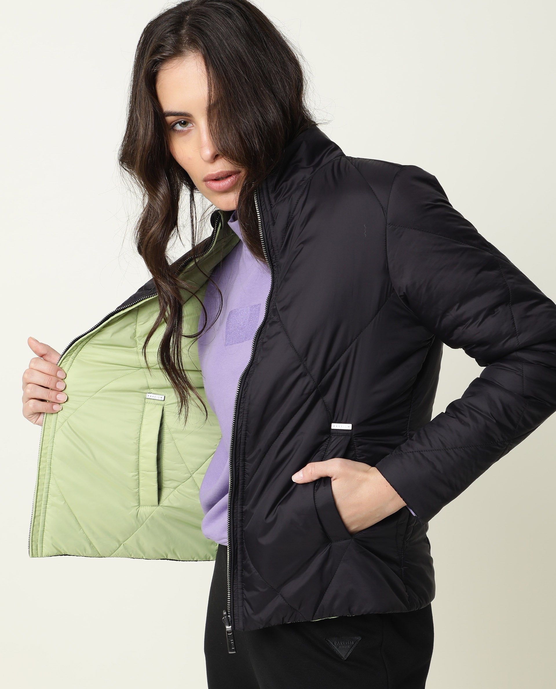 Rareism Women Cora Black Polyester Fabric Full Sleeves Solid High Neck Jacket