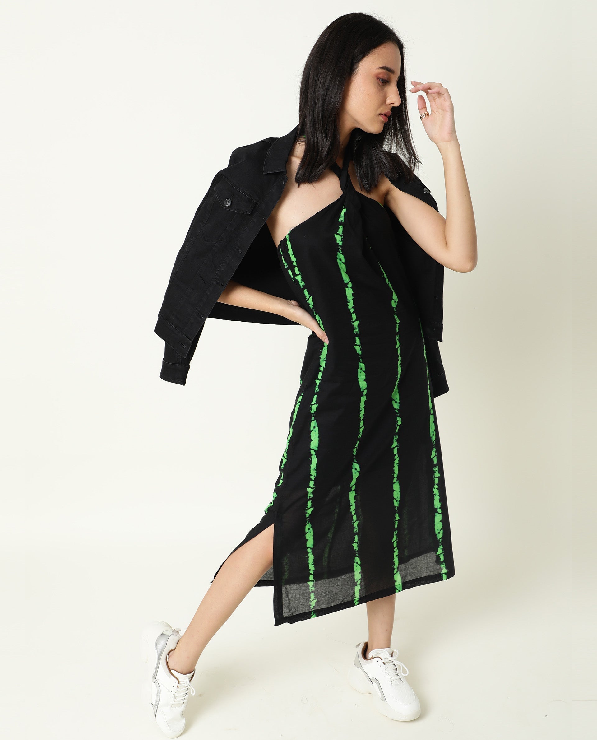 Rareism Women Heron Black Striped Halter Neck Back Tie-Up With Side Slits Midi Dress