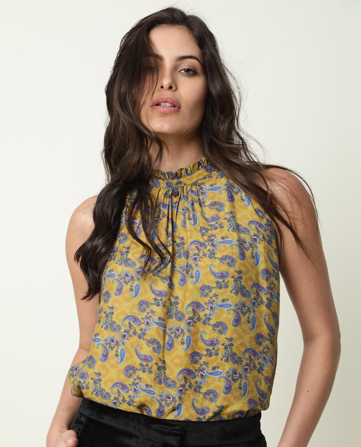 Rareism Womens Elordi Olive Top Cotton Silk Fabric Fitted Fit Sleeveless V Neck