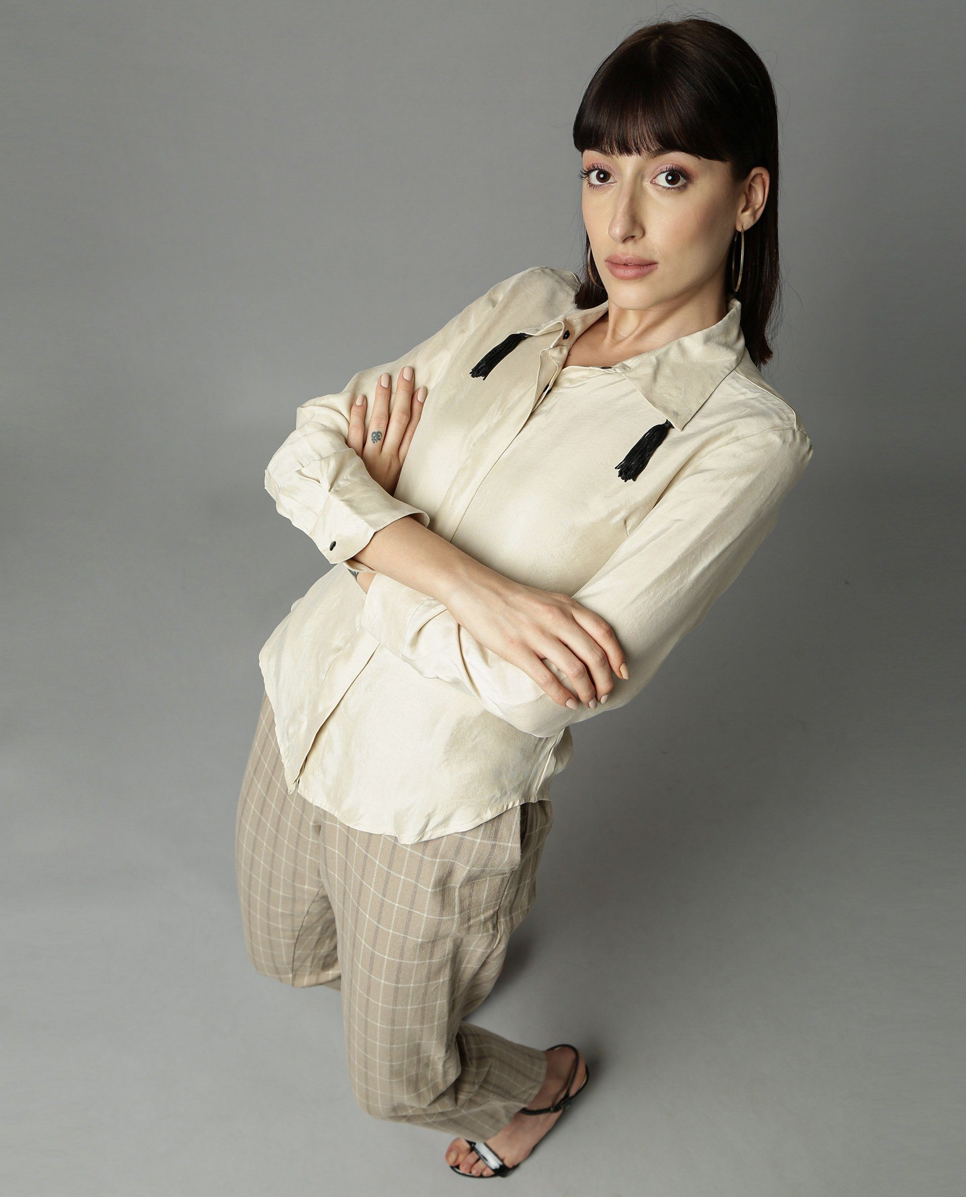 Rareism Women Tassel Beige Top Full Sleeves Solid