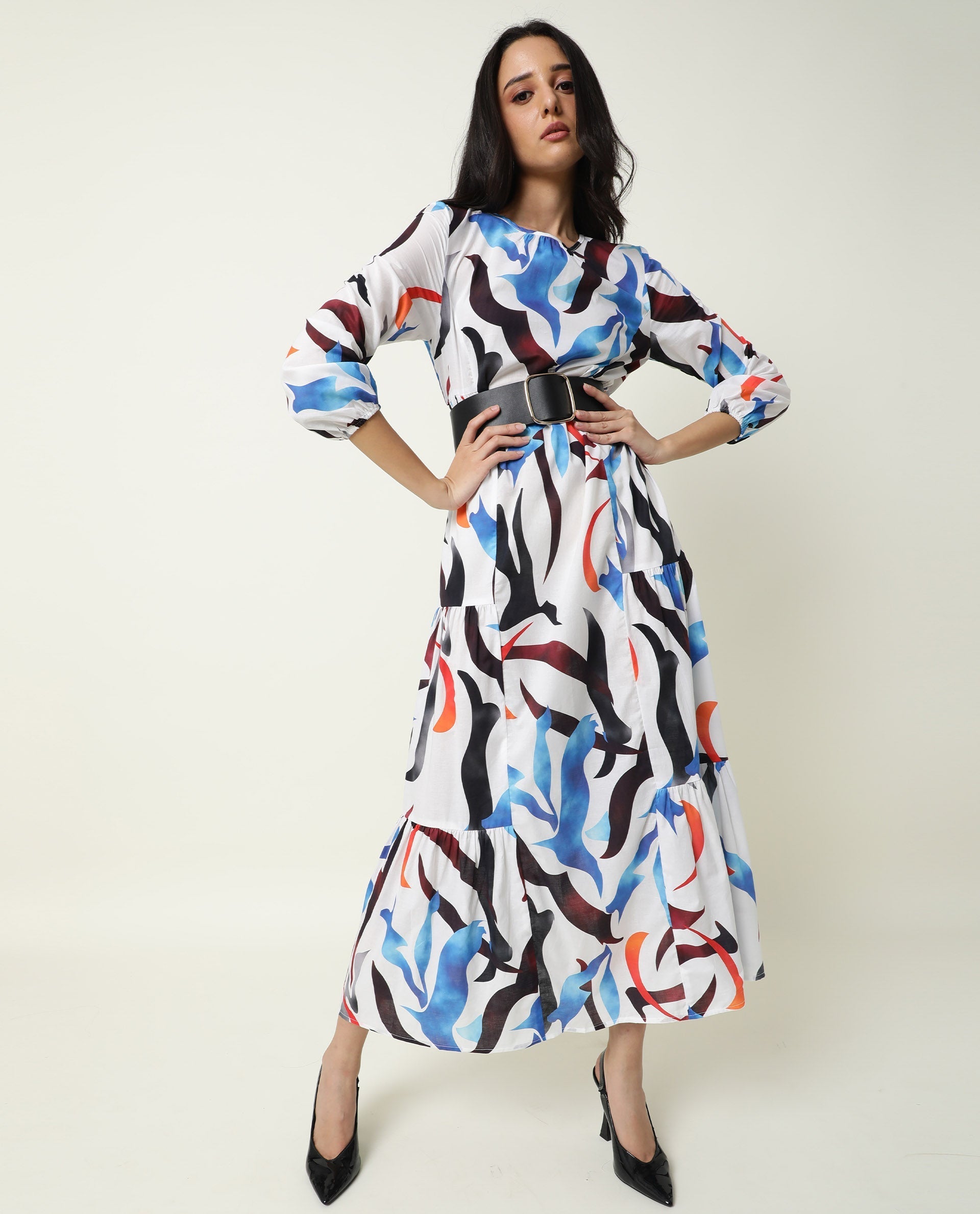 Rareism Women Europe White Abstract Boat Neck 3/4 Sleeves Tiered Maxi Dress
