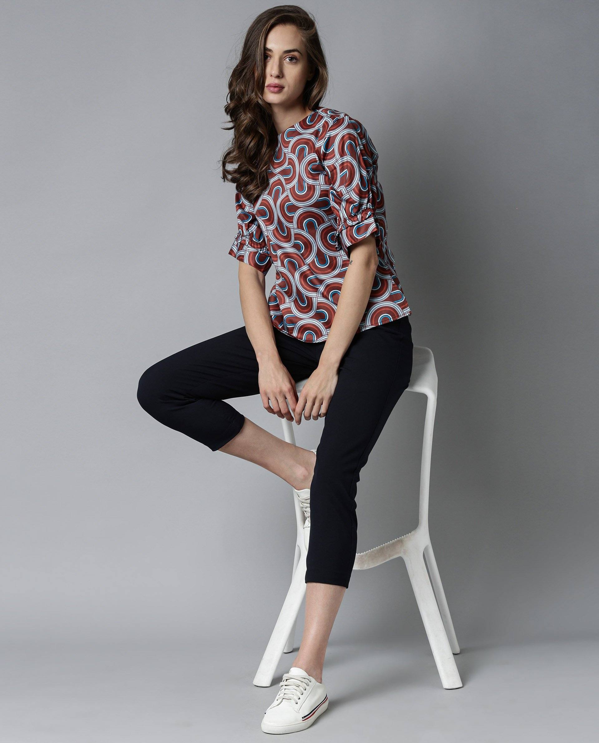 Rareism Women's Jimmi Brown Cotton Crew Neck Geometric Print Regular Fit Top