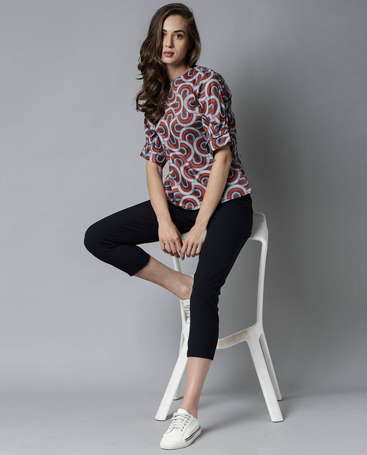 Rareism Women Jimmi Brown Cotton Fabric Regular Fit Round Neck Half Sleeves Print Top