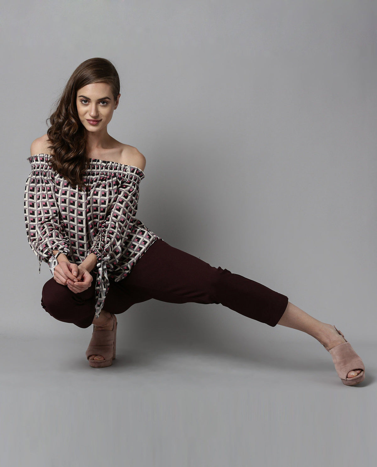 Rareism Women Fest Beige Top Short Sleeves Printed