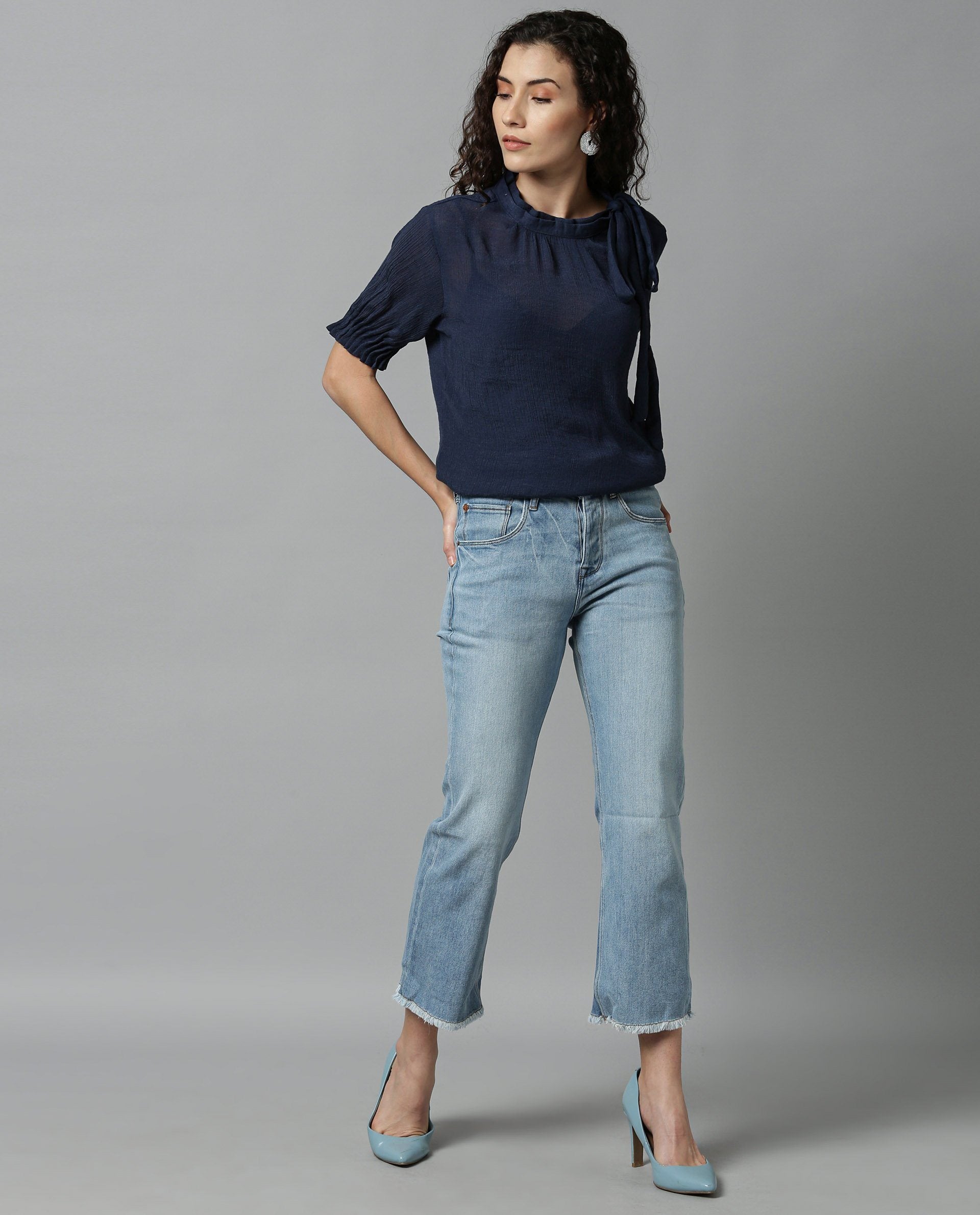 Rareism Women Sparrow Navy Top Short Sleeves