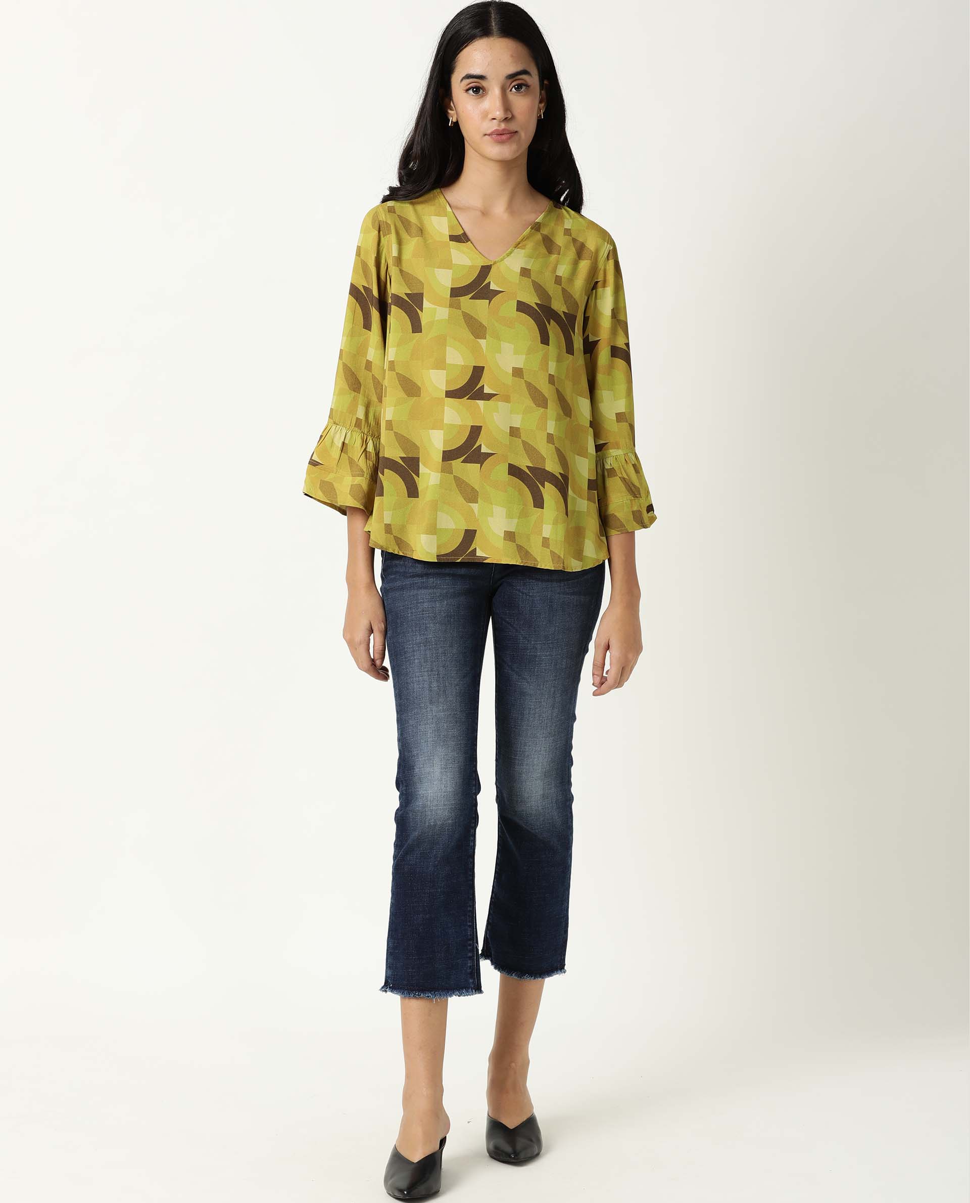 Rareism Womens Flex Green Top Regular Fit Balloon Sleeve V Neck