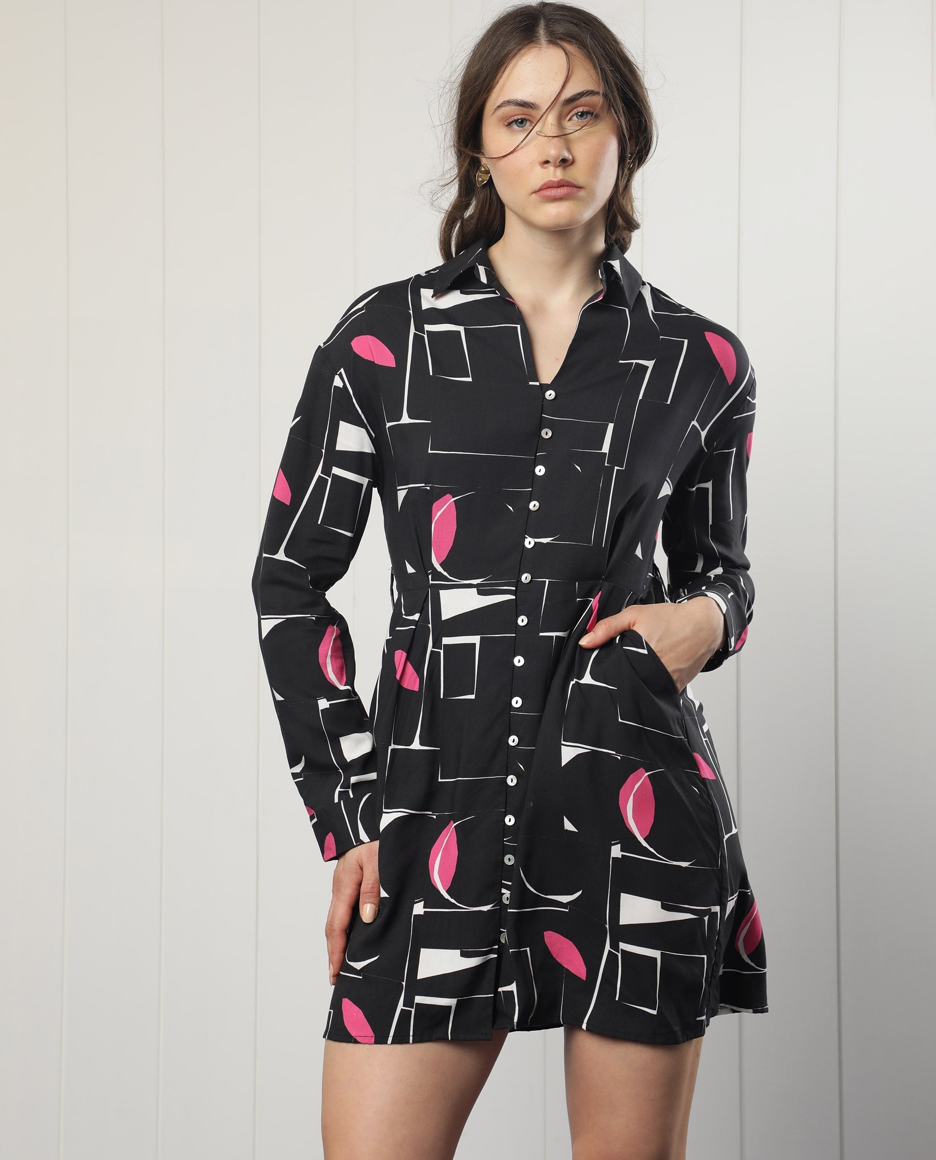 Rareism Women Ortiz Black Cotton Fabric Full Sleeves Button Closure Drop Collar Regular Fit Abstract Print Short Empire Dress