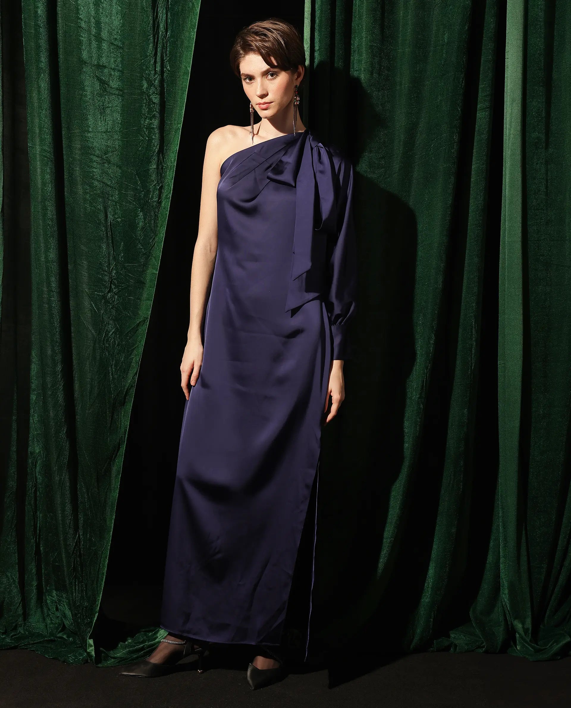 Rareism Women's Ankara Navy Satin One Shoulder Dyed One Shoulder Maxi Straight Fit Dress