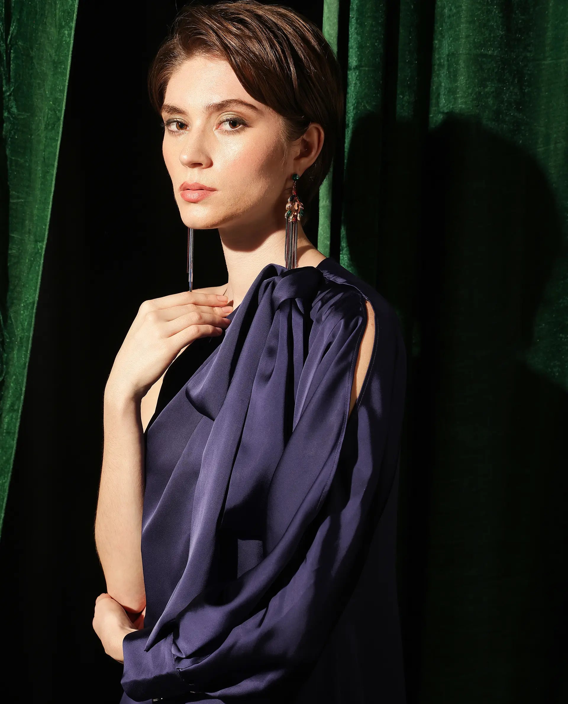 Rareism Women's Ankara Navy Satin Fabric One Shoulder Zipper Closure One Shoulder Dyed Straight Fit Maxi Dress