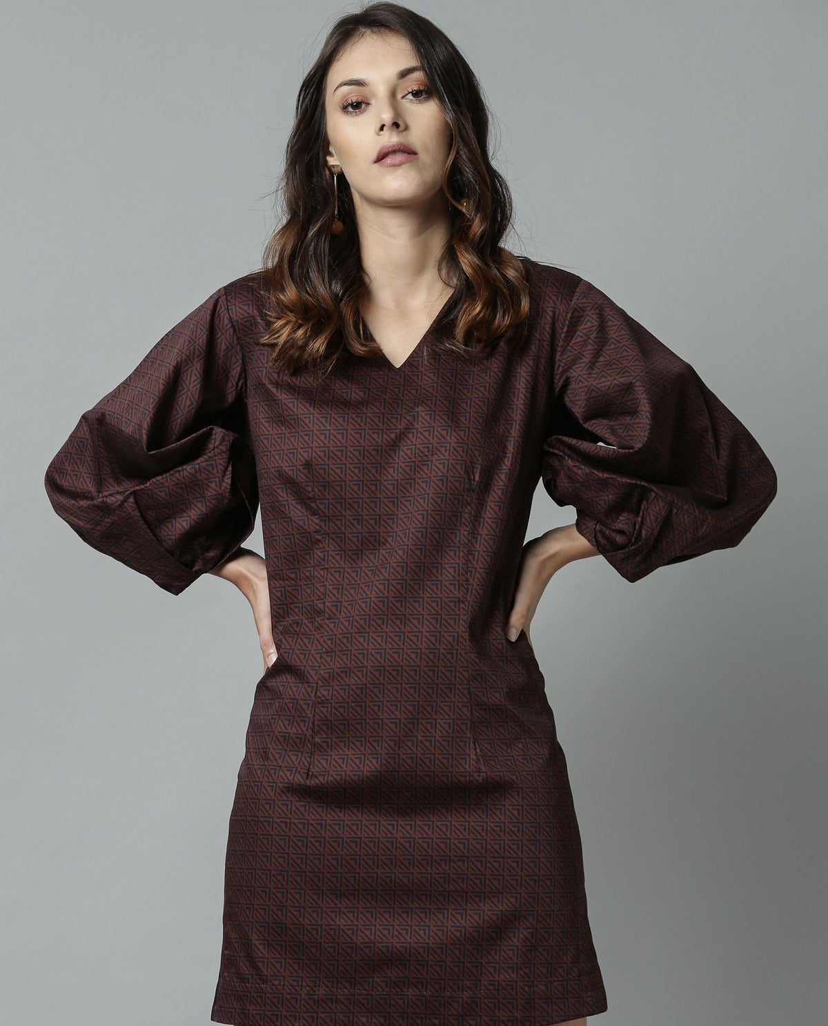 Rareism Women Drag Brown Dress Full Sleeves Printed