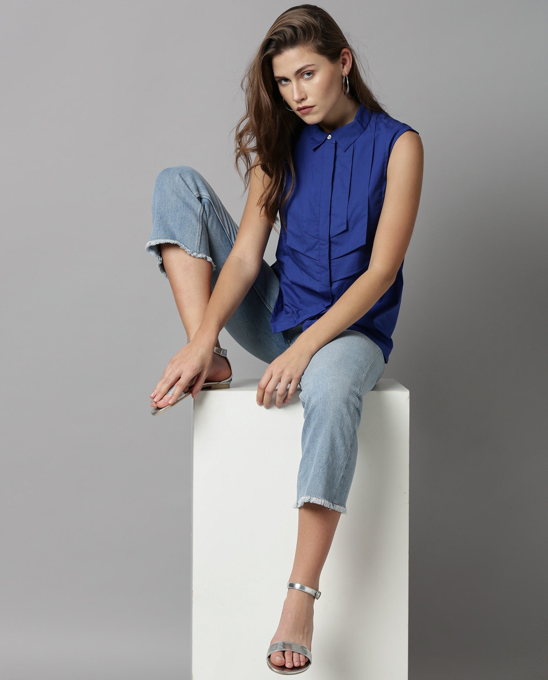 Rareism Women Lotte Blue Top Sleeveless
