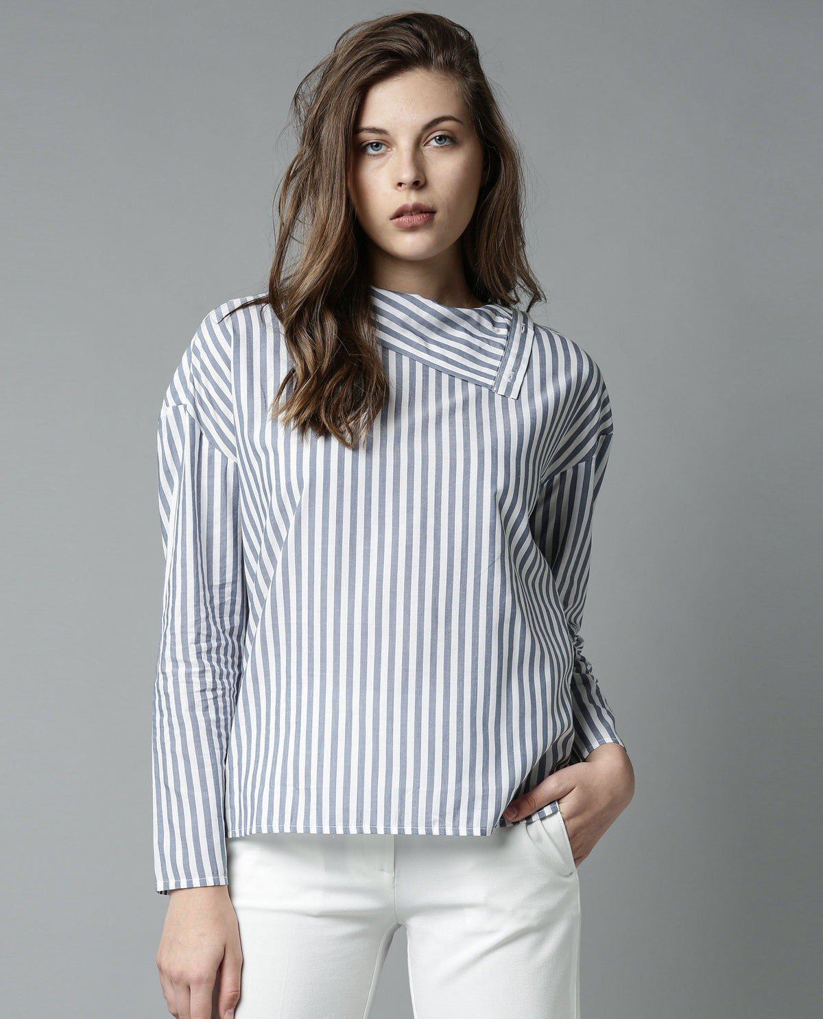 Rareism Women Elios Navy Top Full Sleeves Stripe