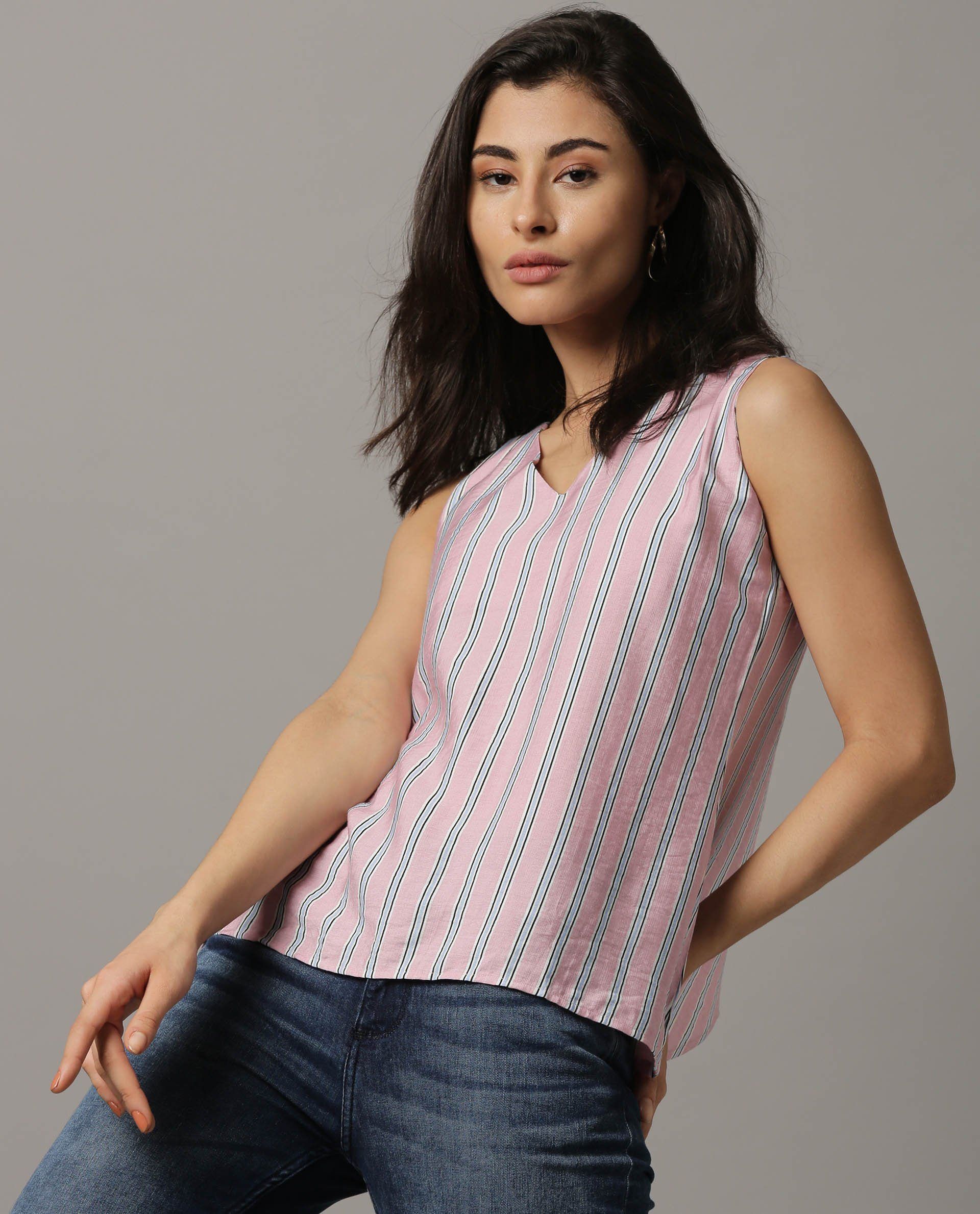 Rareism Women Wave Pink Top Sleeveless