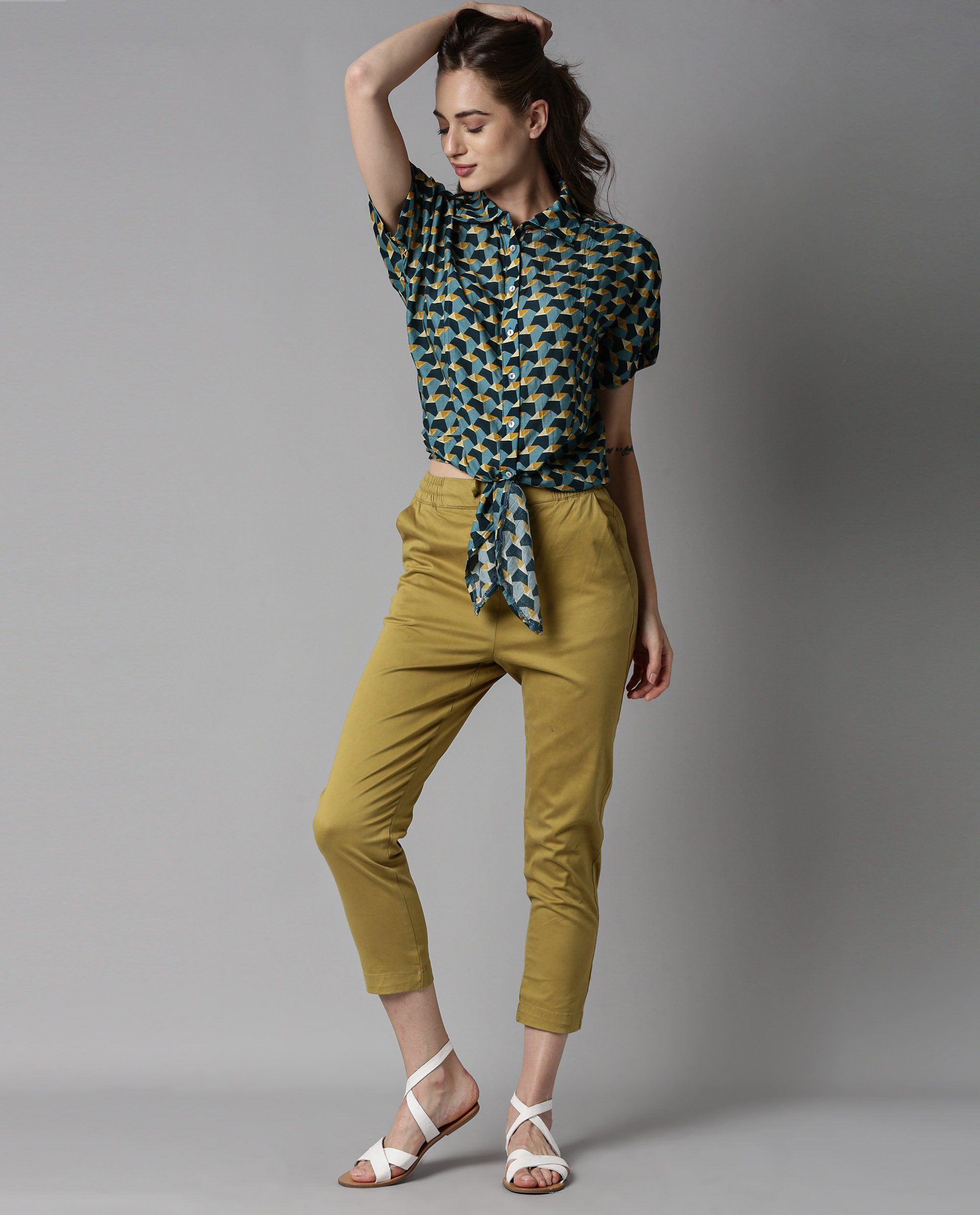 Rareism Women Biza Blue Top Short Sleeves Printed