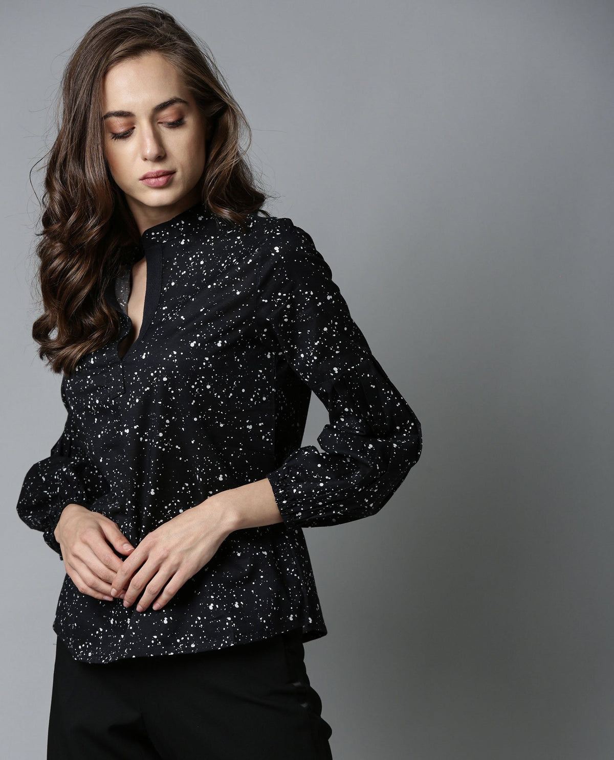 Rareism Women Fog Black Top Cotton Fabric Full Sleeves Crew Neck Print