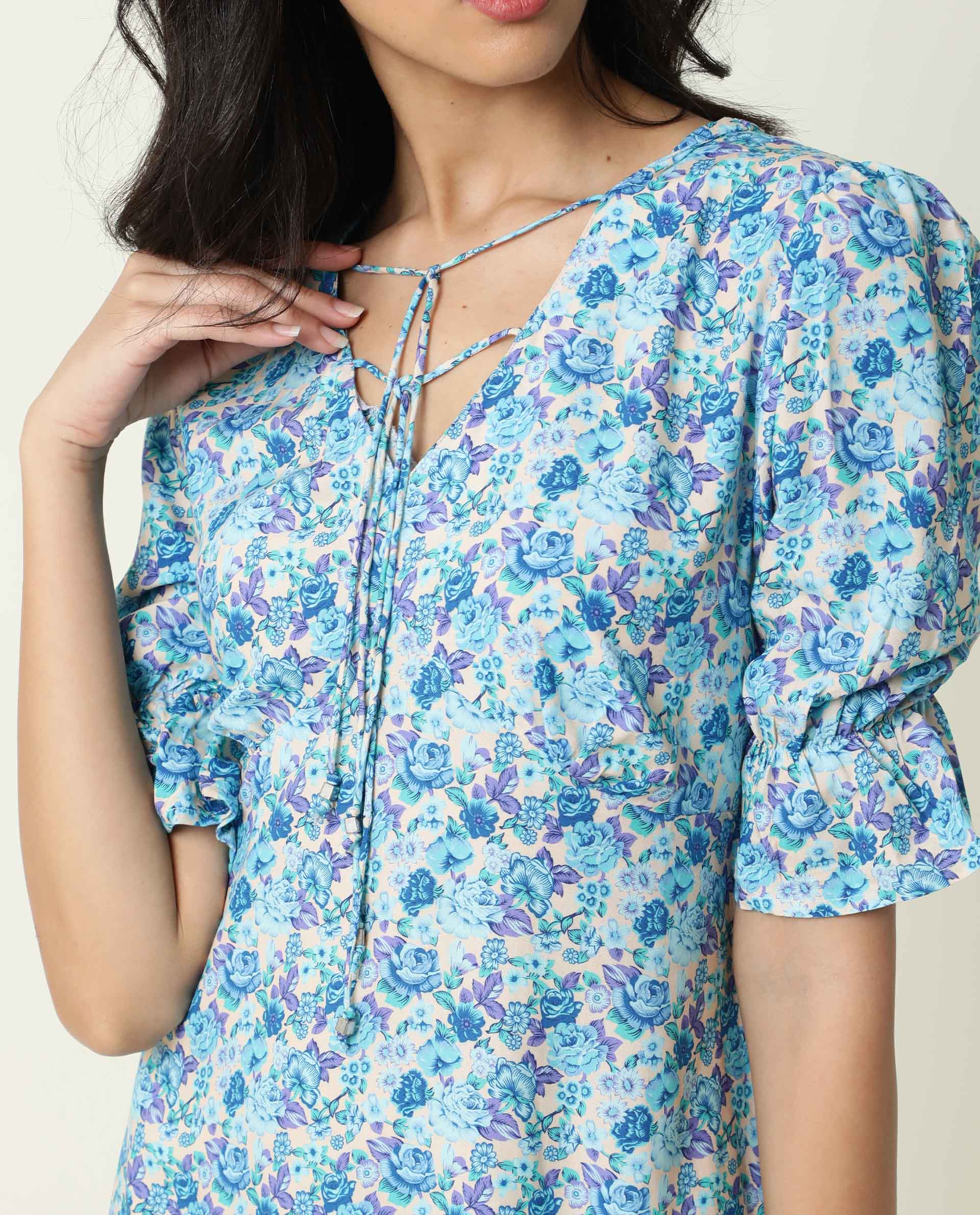Rareism Women's Eon Blue Viscose V-Neck Floral Print Puff Sleeves Midi Slim Fit Dress