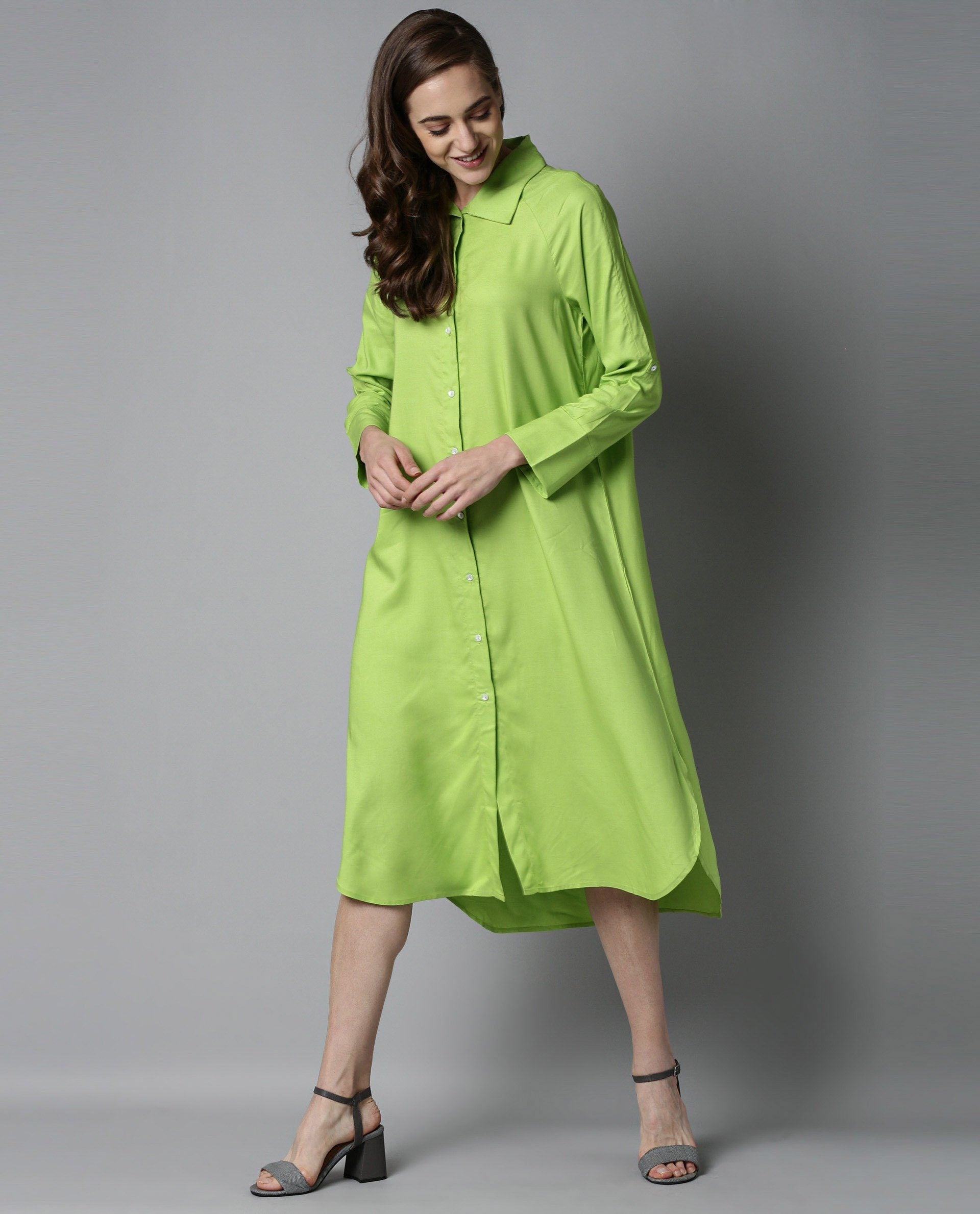Rareism Women Toss Green Dress Short Sleeves Solid