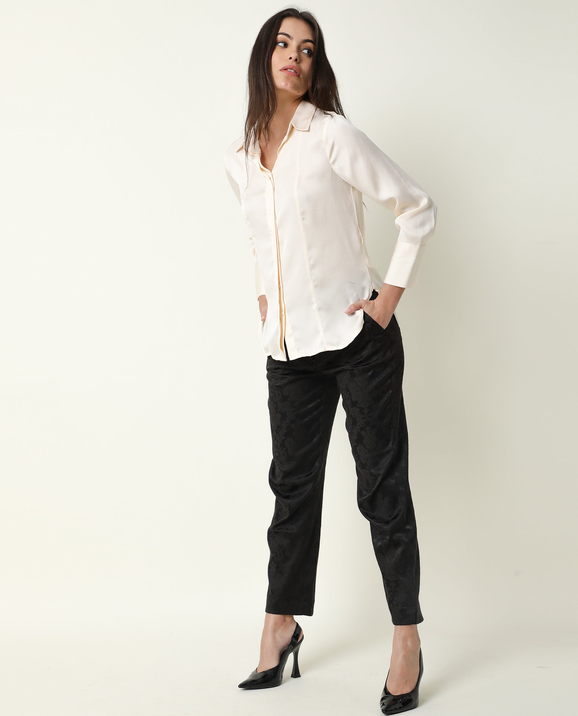 Rareism Women Wandy White Polyester Fabric Cuffed Sleeve Collared Neck Solid Shirt