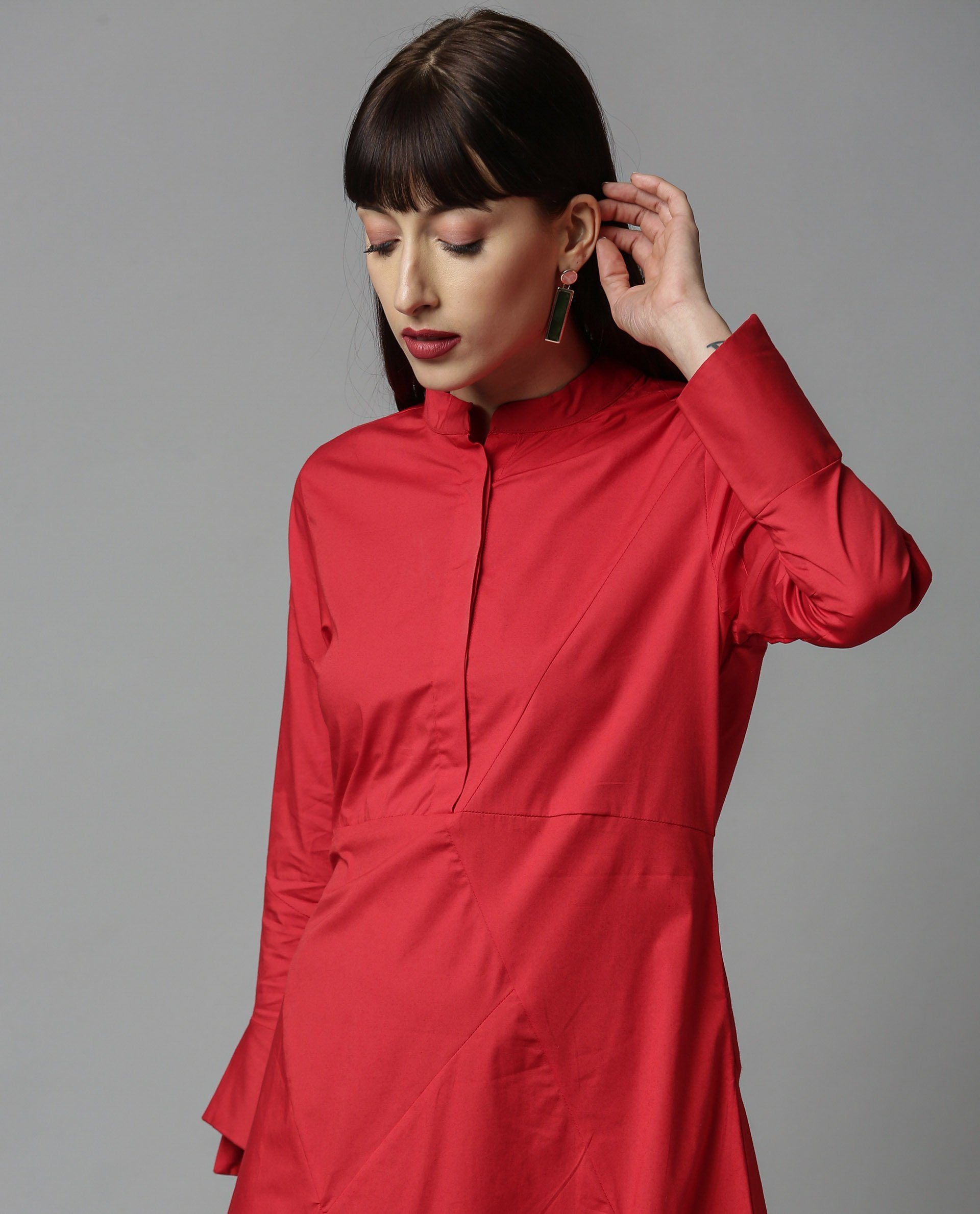 Rareism Women Petal Red Dress Full Sleeves