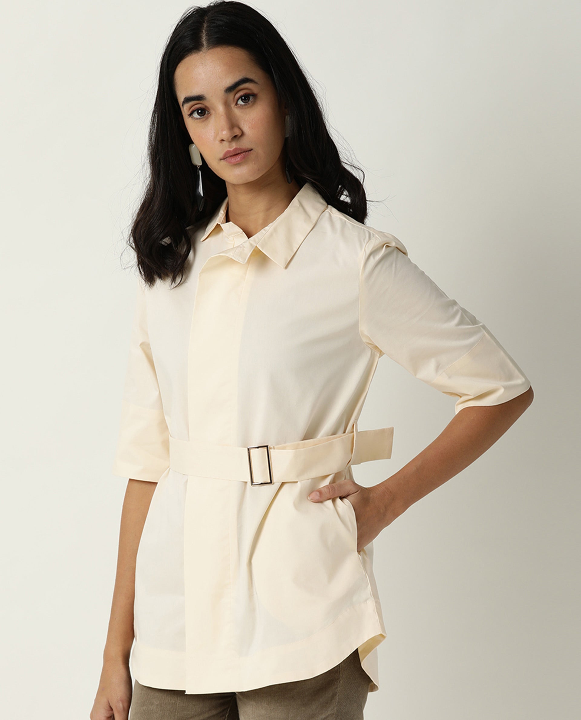Rareism Women's Cisco Beige Cotton Blend Spread Collar Plain Knee Length Regular Fit Top