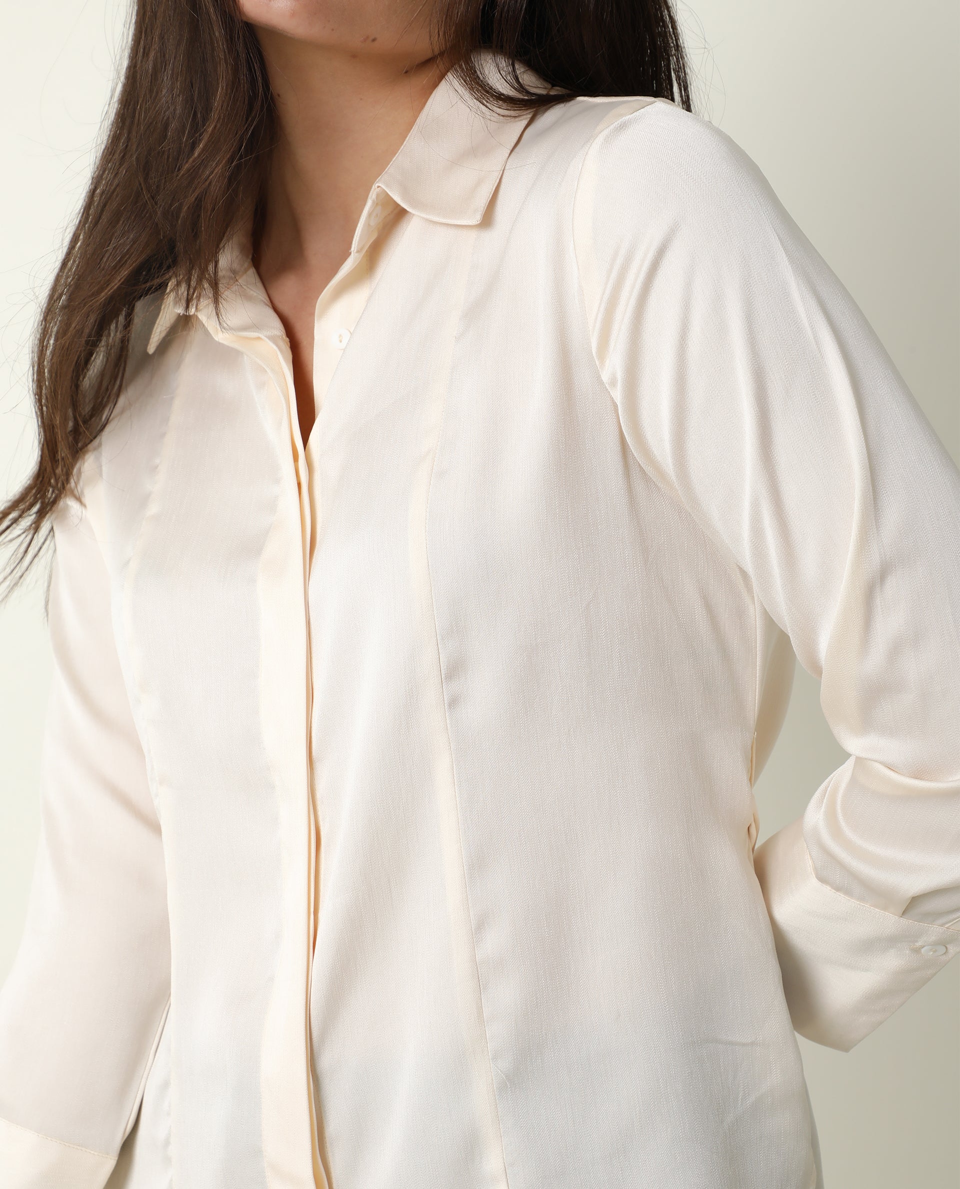 Rareism Women Wandy White Polyester Fabric Cuffed Sleeve Collared Neck Solid Shirt