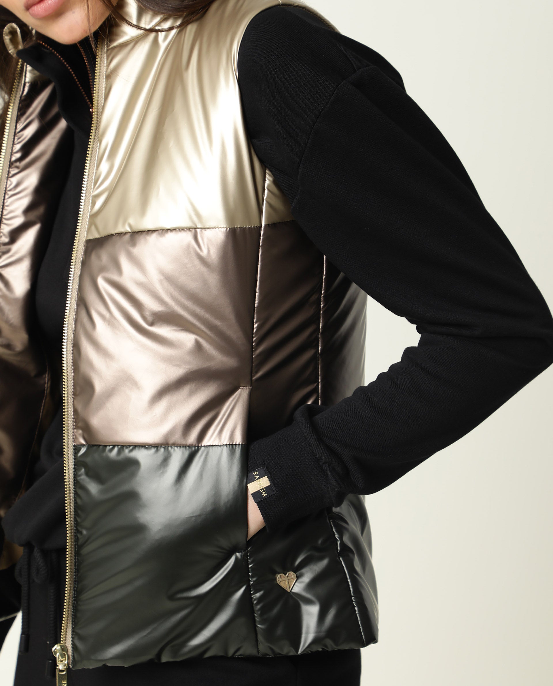 Rareism Women's Sophia Gold Polyester High Neck Color Block Sleeveless Regular Fit Jacket